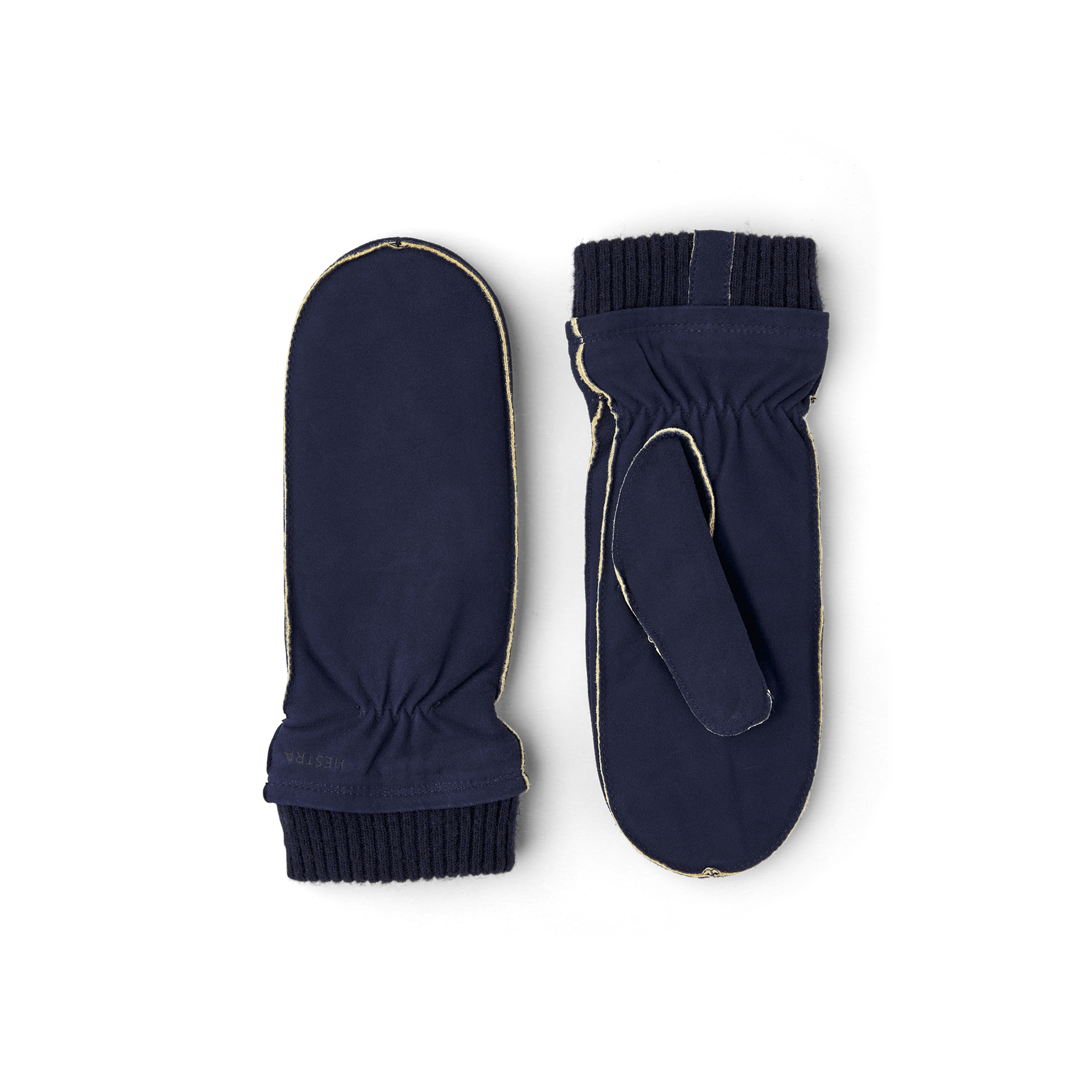 Dark blue machine-sewn suede mitten with knitted cuff
(1 of 2)