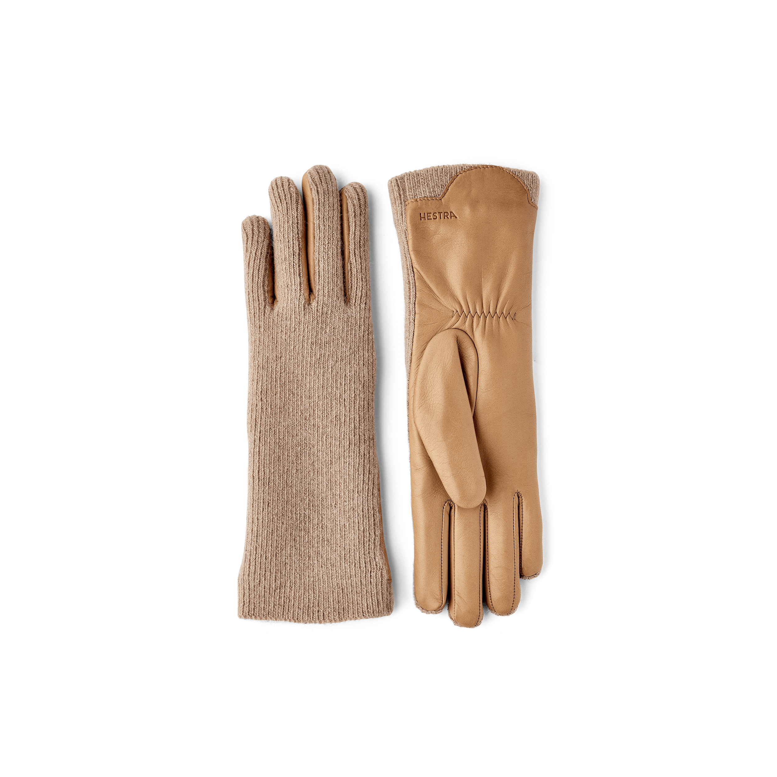 Dark beige machine-sewn hairsheep leather glove with beige cashmere knitted back
 (1 of 5)