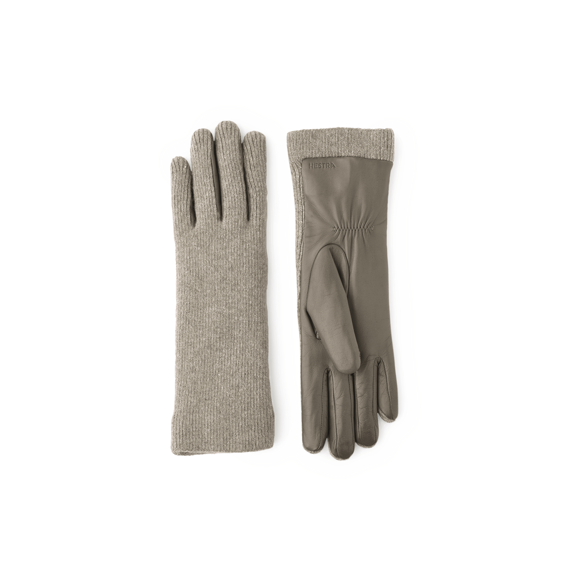 Medium gray machine-sewn hairsheep leather glove with knitted back in light gray cashmere
(1 of 3)