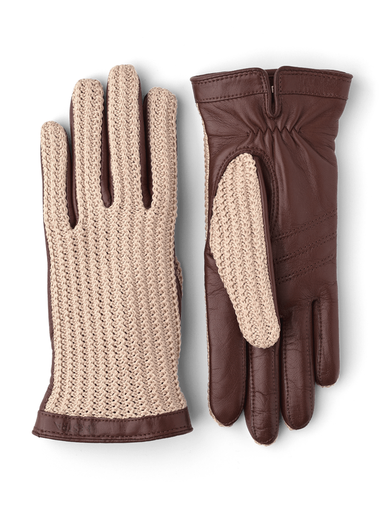 Brown machine-sewn leather glove with beige crocheted cotton back
 (1 of 2)