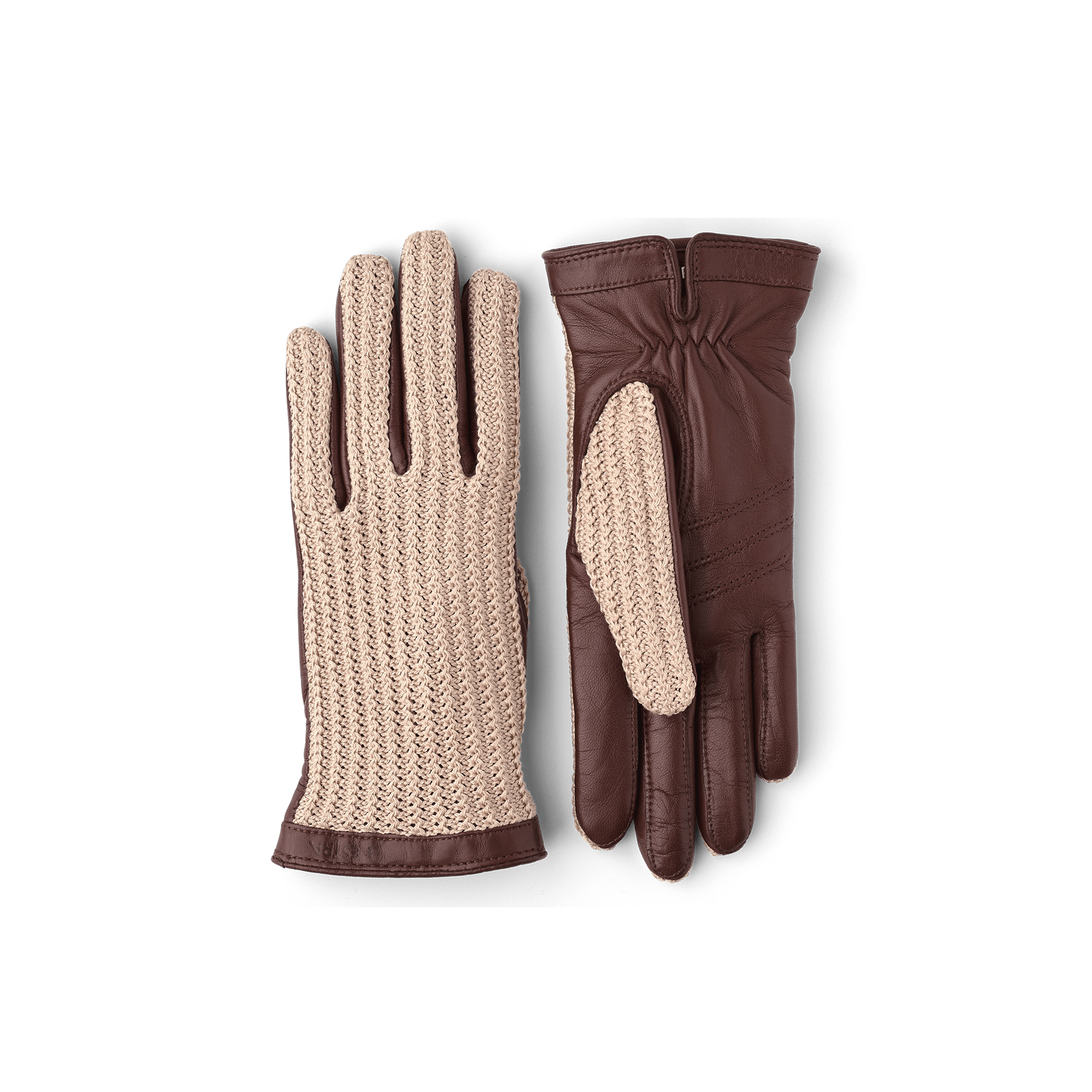 Brown machine-sewn leather glove with beige crocheted cotton back
 (1 of 2)