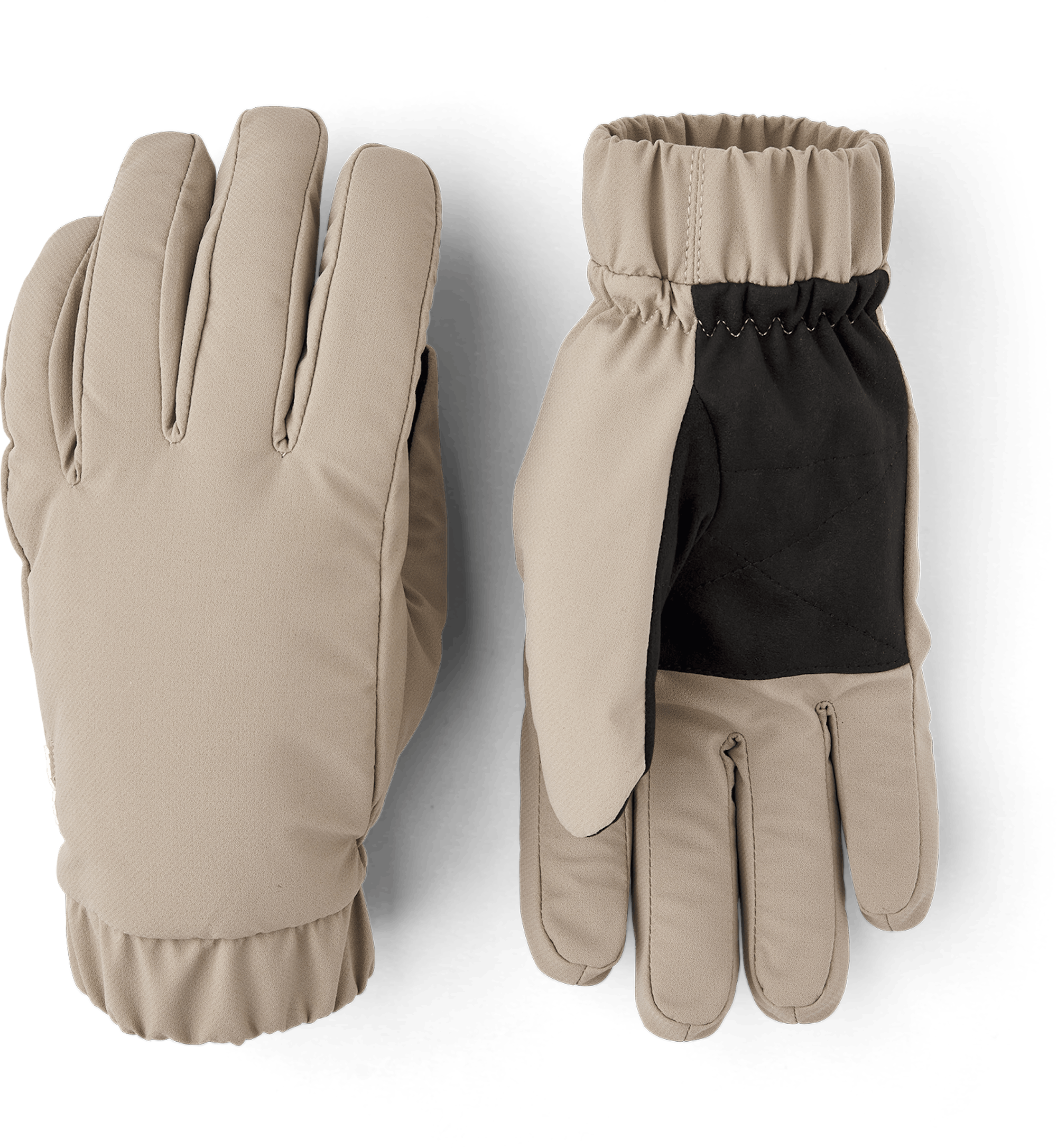 Beige fabric glove with elasticated fabric cuff and black palm
 (1 of 4)