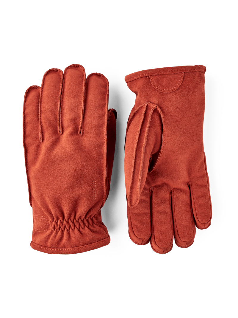 Orange machine-sewn synthetic suede glove
 (1 of 5)