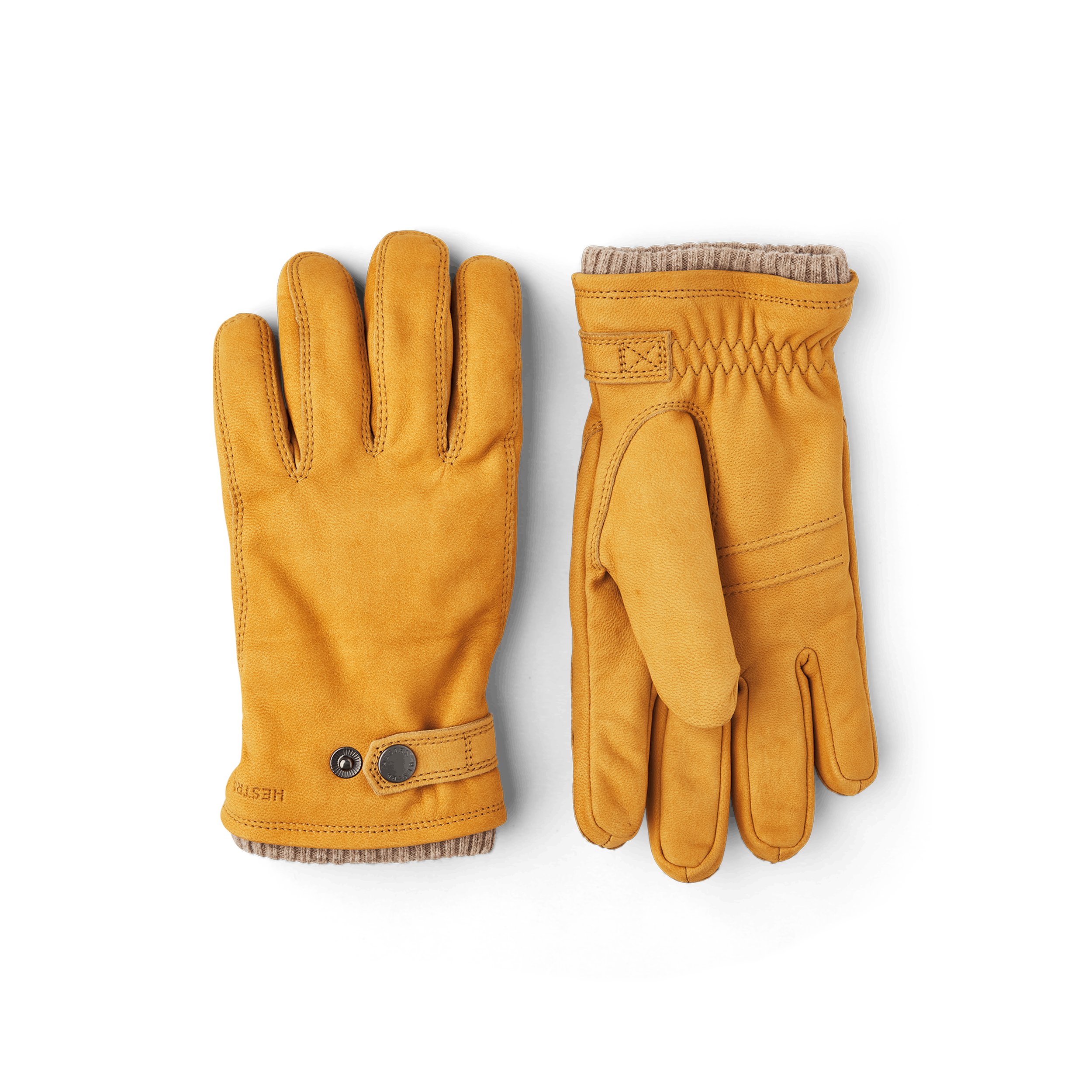 Gelbbeiger maschinengenähter Handschuh aus Ziegennubuk mit Lederriegel und Knopf
 (1 oder 4)