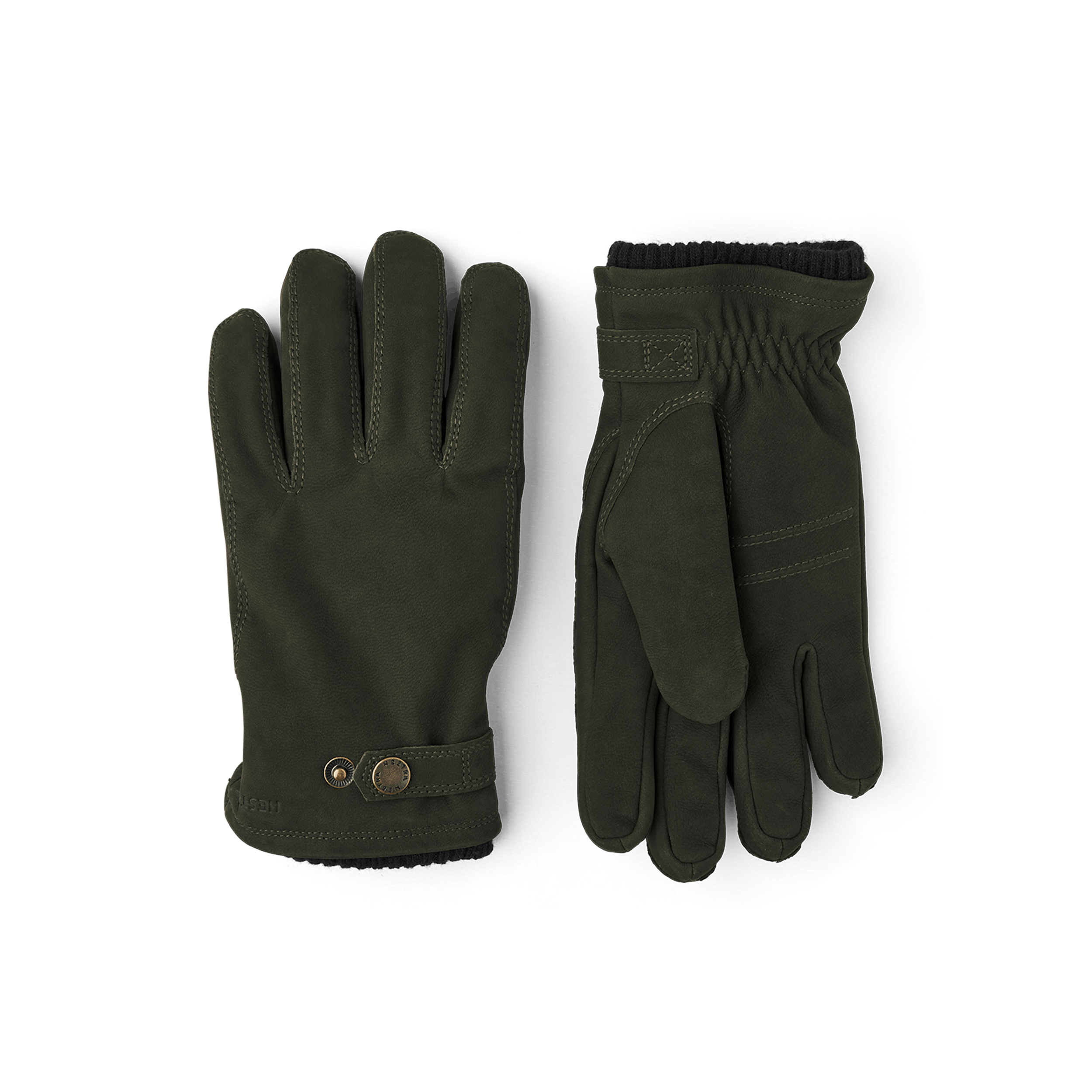 Dark green machine-sewn goat nubuck glove with leather strap and button
(1 of 4)