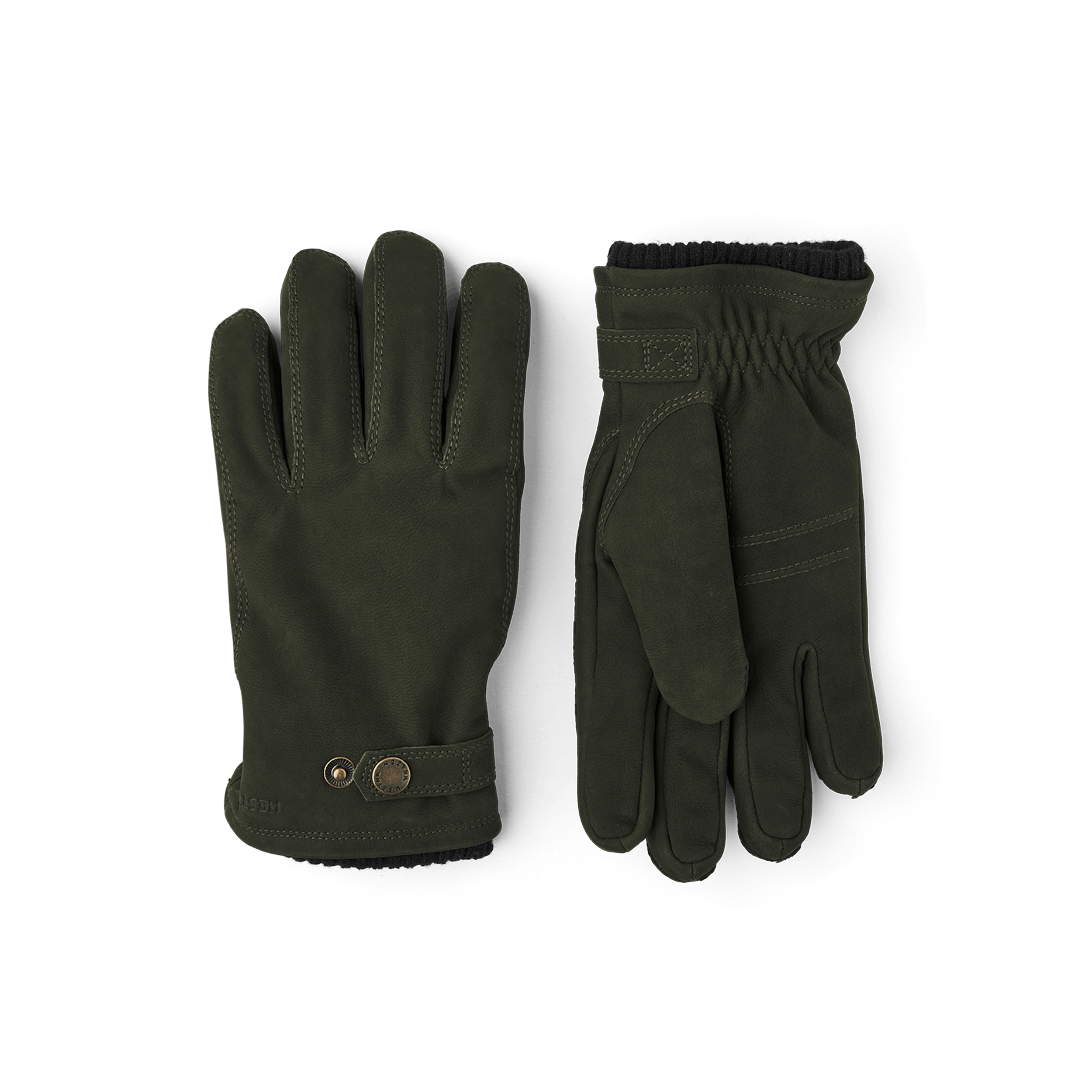Dark green machine-sewn goat nubuck glove with leather strap and button
 (1 of 4)