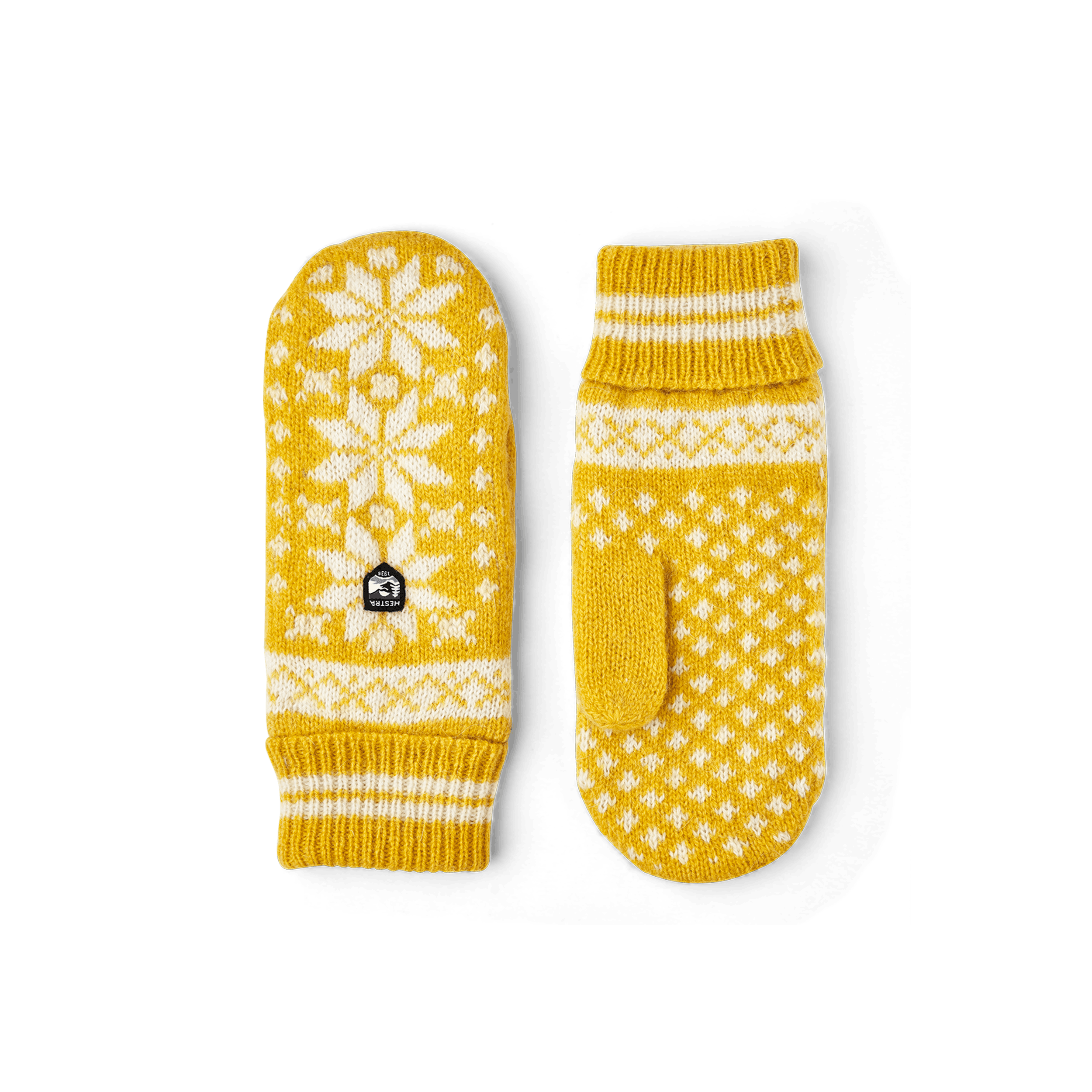 Gelber Strickfäustling aus Wollmix mit Motiv (1 oder 5)