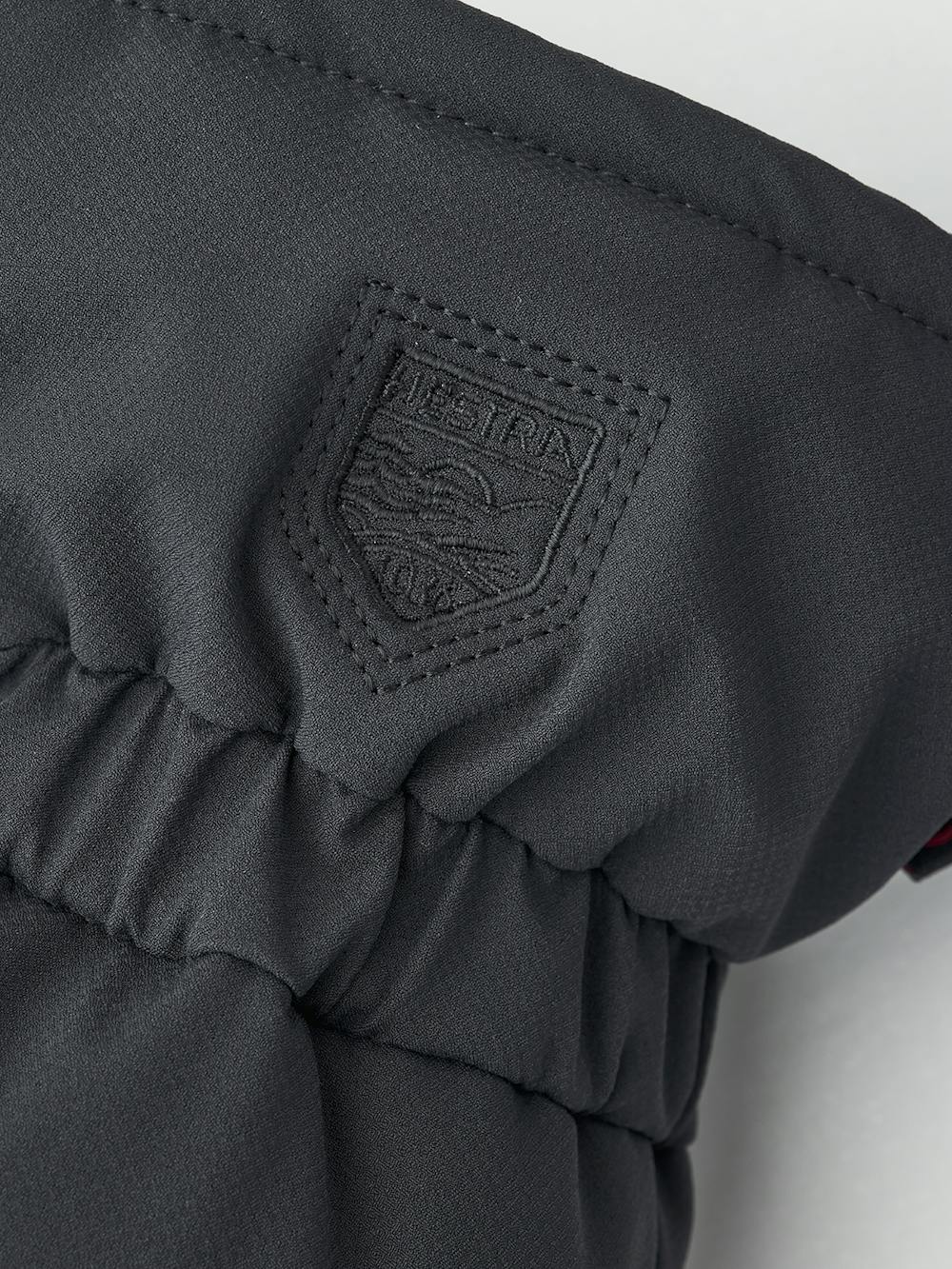 Schwarzer Fausthandschuh aus Stoff mit schwarzem Ziegenleder an der Innenhand (2 oder 7)