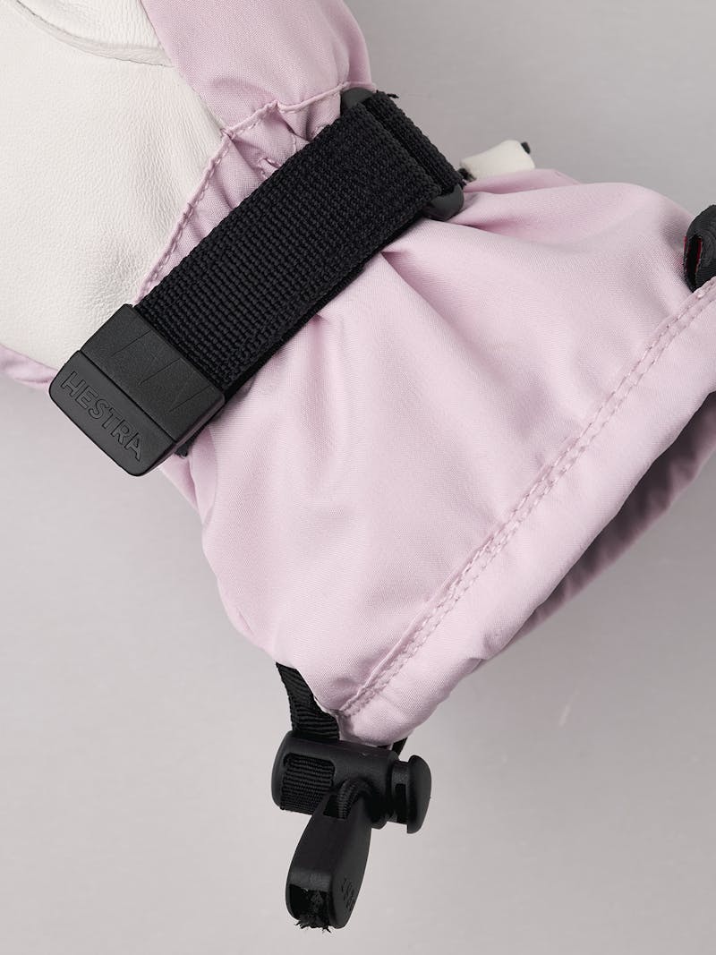 Light pink fabric ski glove with white hairsheep palm and wrist adjustment (4 of 4)