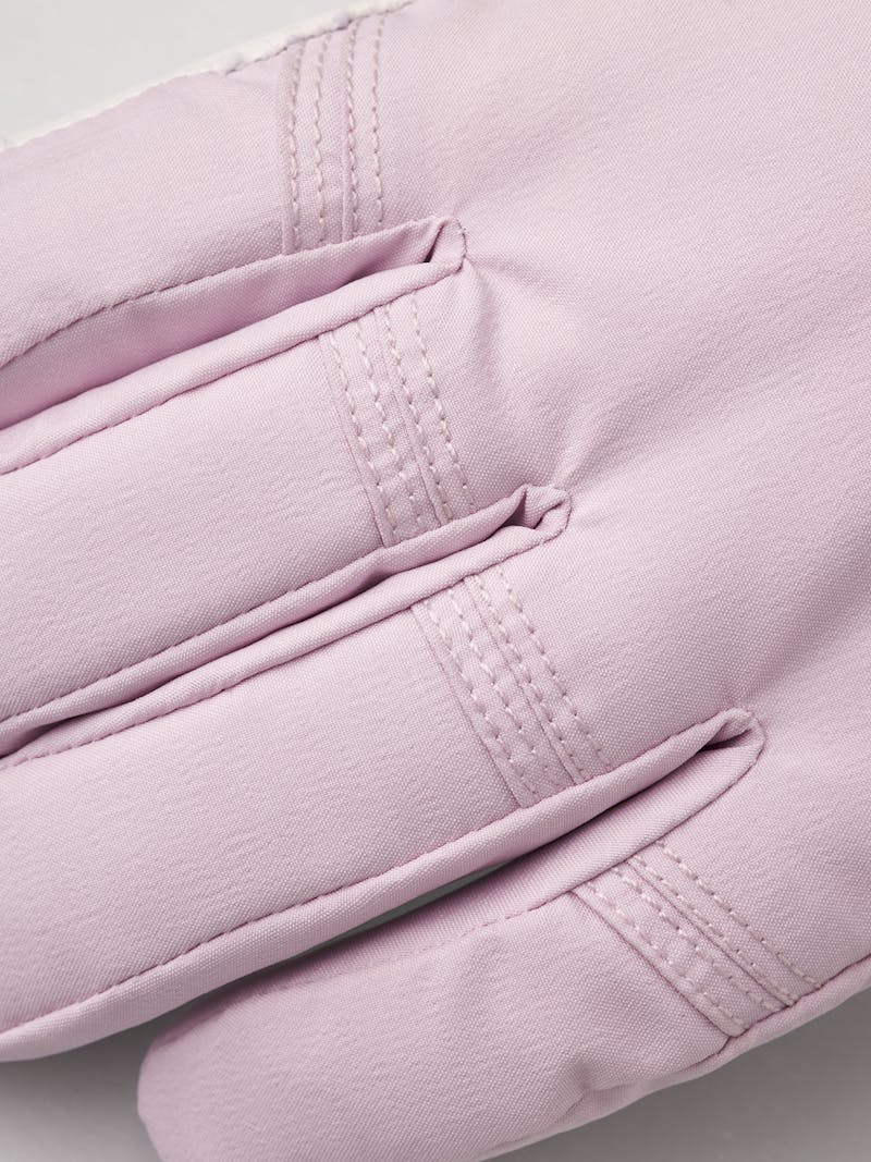 Light pink fabric ski glove with white hairsheep palm and wrist adjustment (2 of 4)