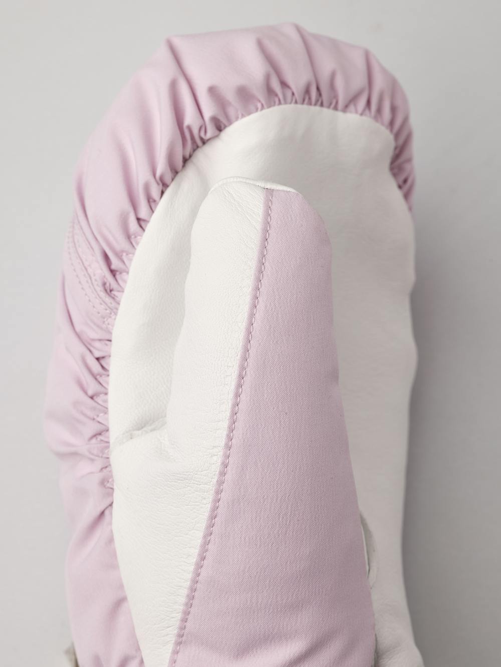 Light pink fabric mitten with white hairsheep palm and wrist adjustment (2 of 4)