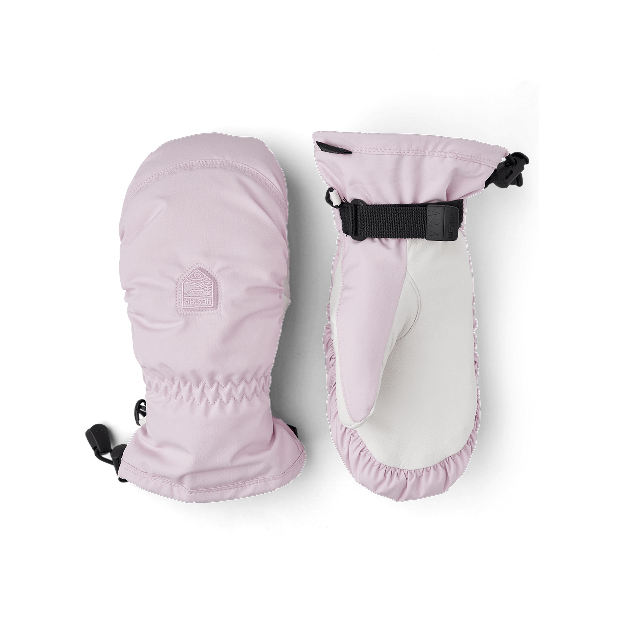 Light pink fabric mitten with white hairsheep palm and wrist adjustment (1 of 4)