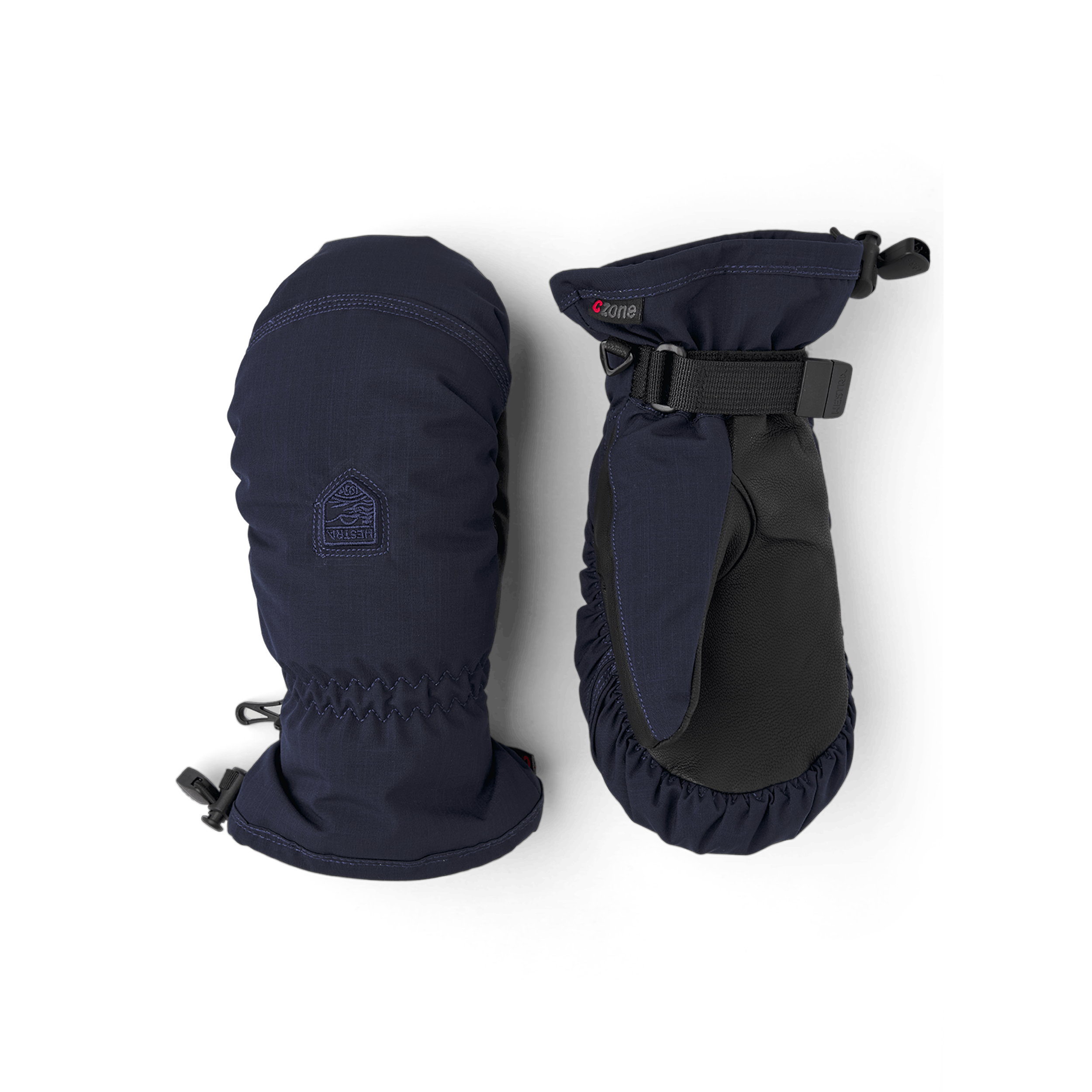 Mörkblå tumhandske i tyg med svart lammnappa i innerhanden och handledsjustering
 (1 av 6)