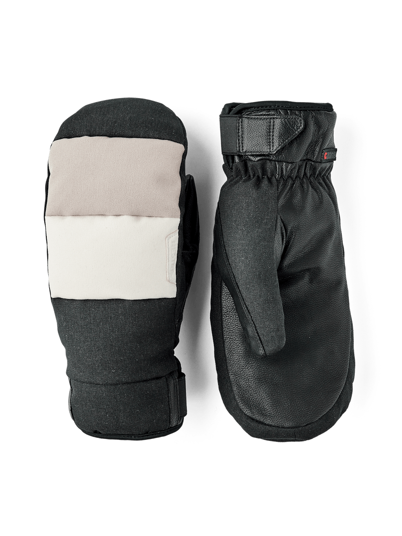 Black, white, and beige fabric mitten with black goat leather palm  (1 of 5)