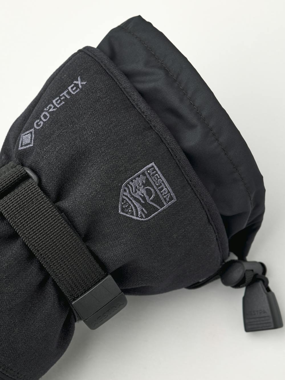 Schwarzer Fausthandschuh aus Stoff mit Synthetikmaterial an der Innenhand und verstellbarem Handgelenkverschluss (2 oder 5)