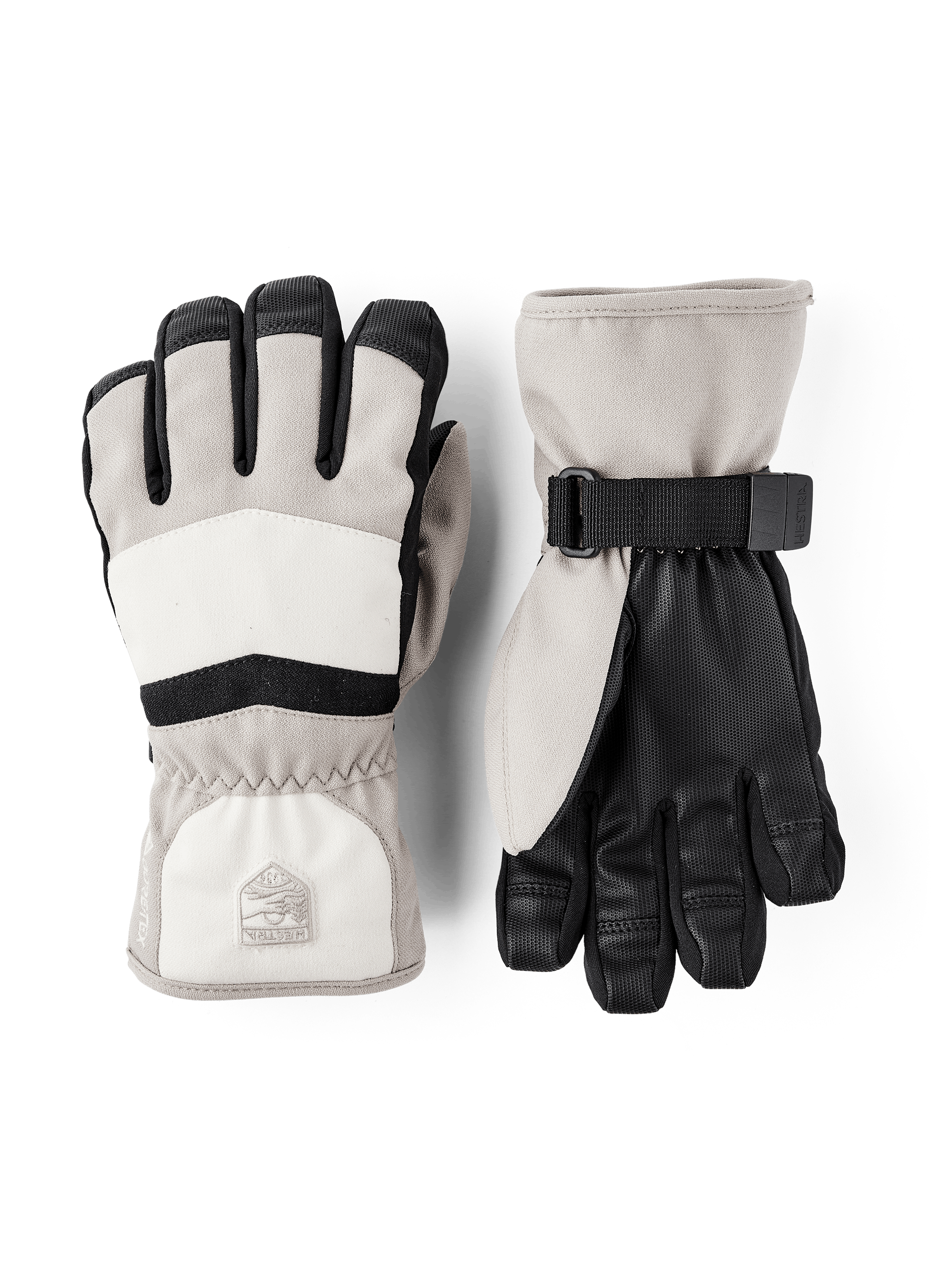 Beige and white fabric children’s glove with black synthetic palm and wrist adjustment (1 of 5)