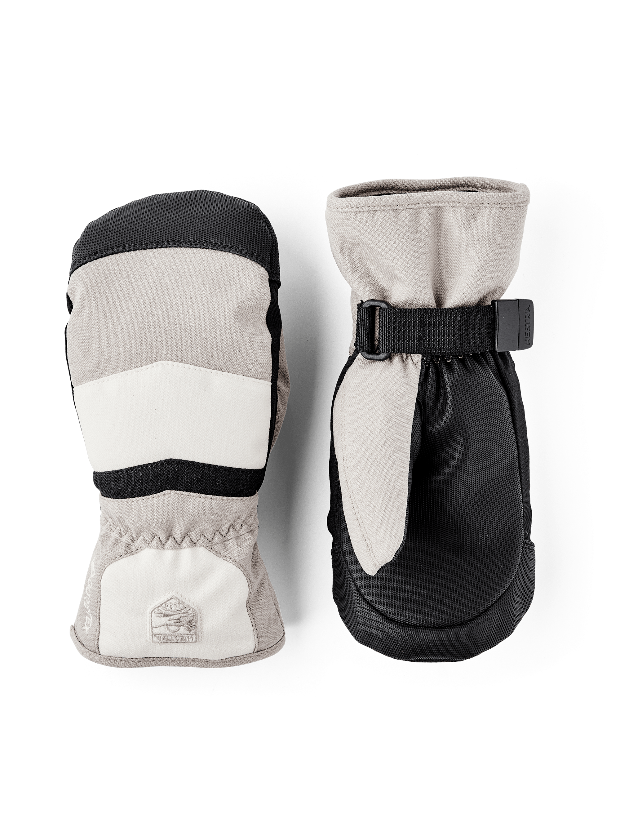 Beige and white fabric mitten with black synthetic palm and wrist adjustment (1 of 5)