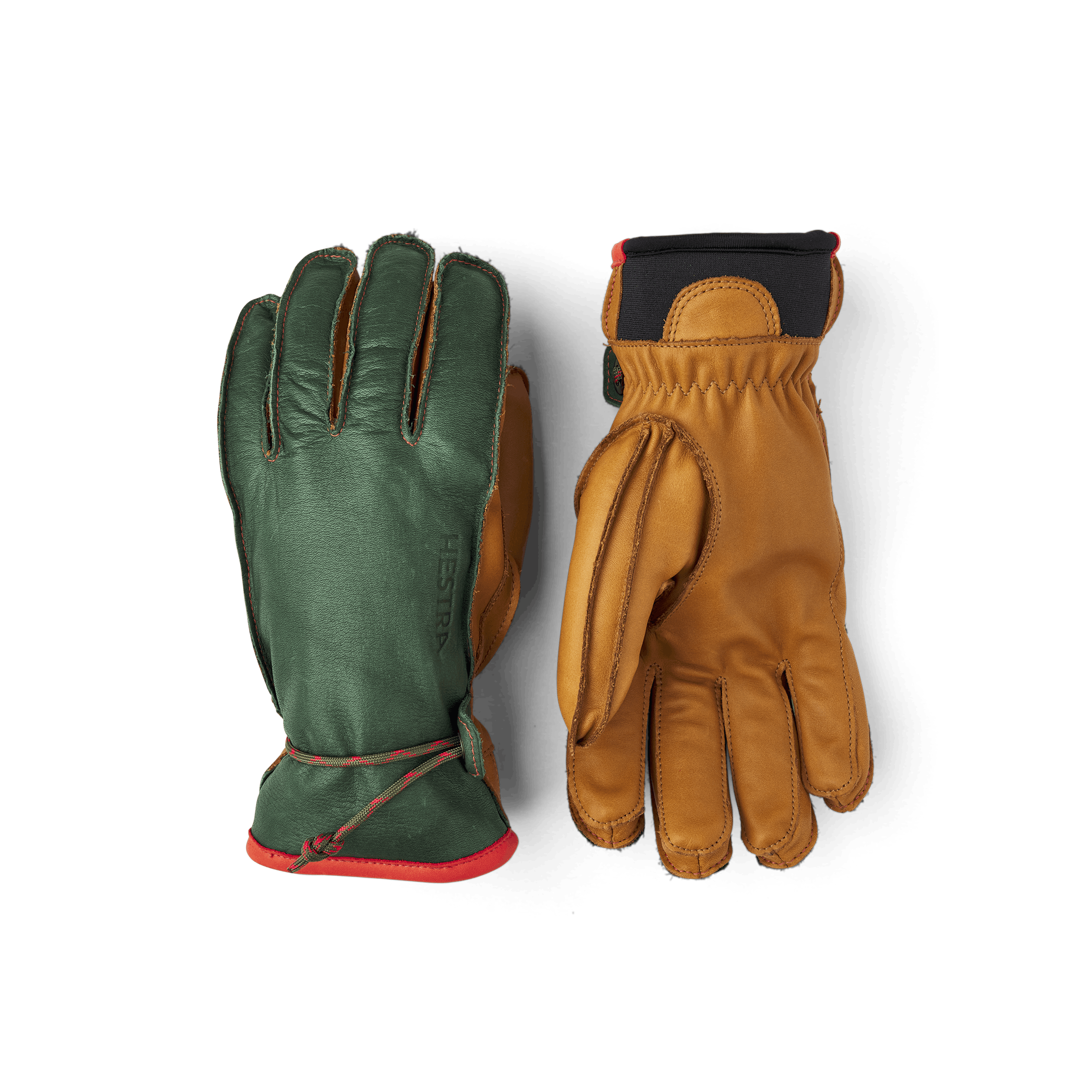 Dark green cow hide ski glove with light brown palm and wrist adjustment  (1 of 5)