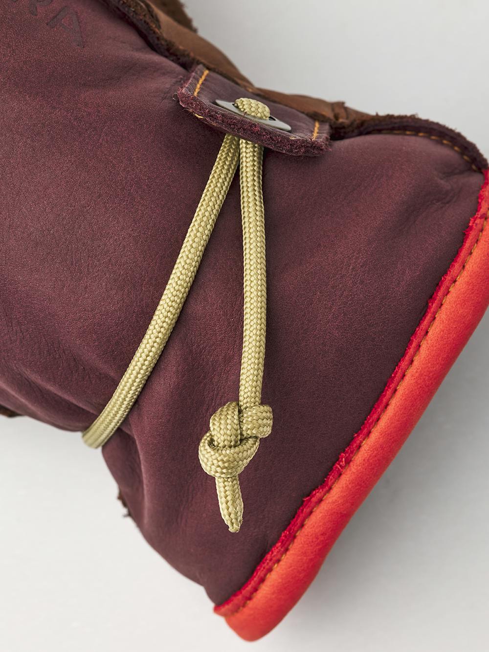 Wine red cow hide ski glove with brown palm and wrist adjustment (4 of 5)