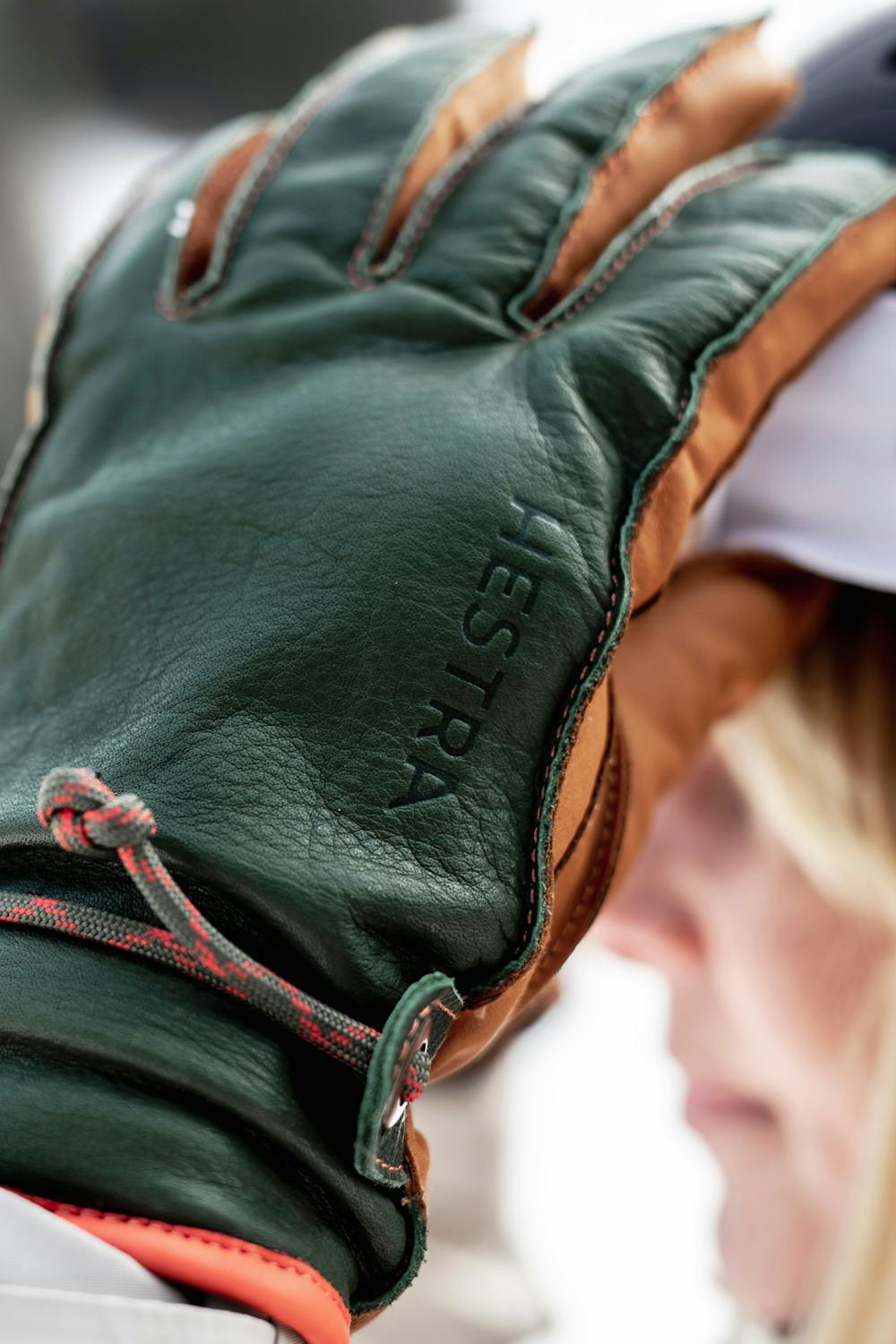 Dark green cow hide ski glove with light brown palm and wrist adjustment  (5 of 5)