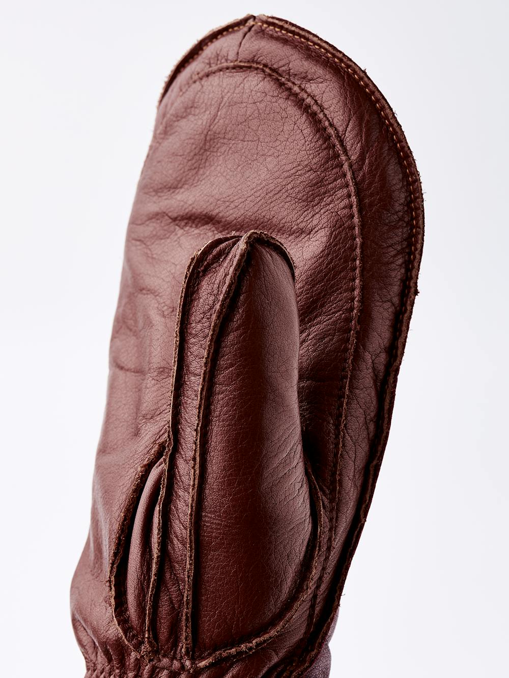 Wine red cow hide mitten with brown palm and wrist adjustment (3 of 6)