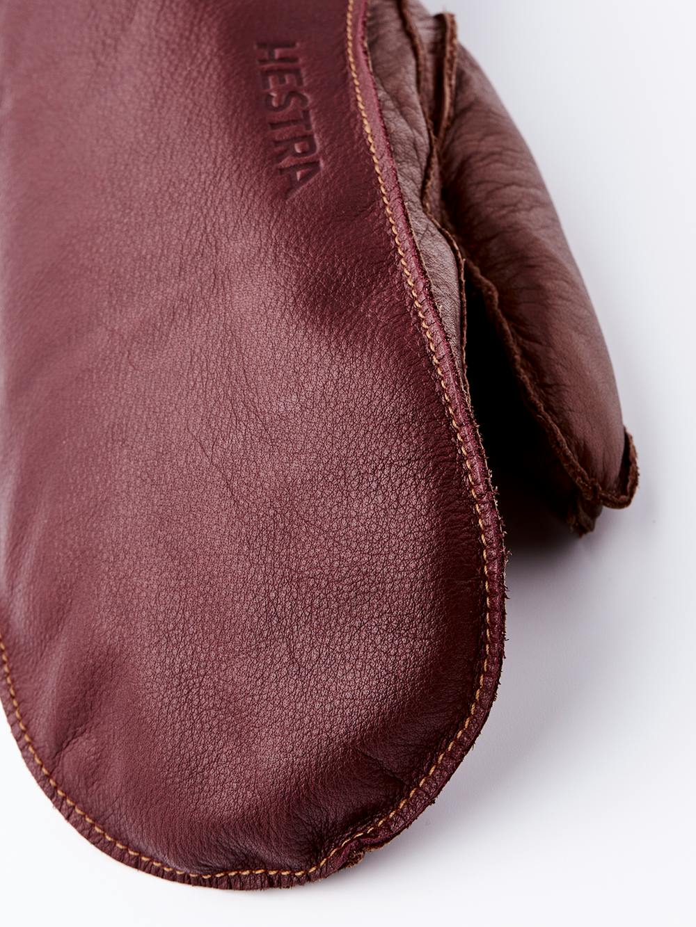 Wine red cow hide mitten with brown palm and wrist adjustment (2 of 6)