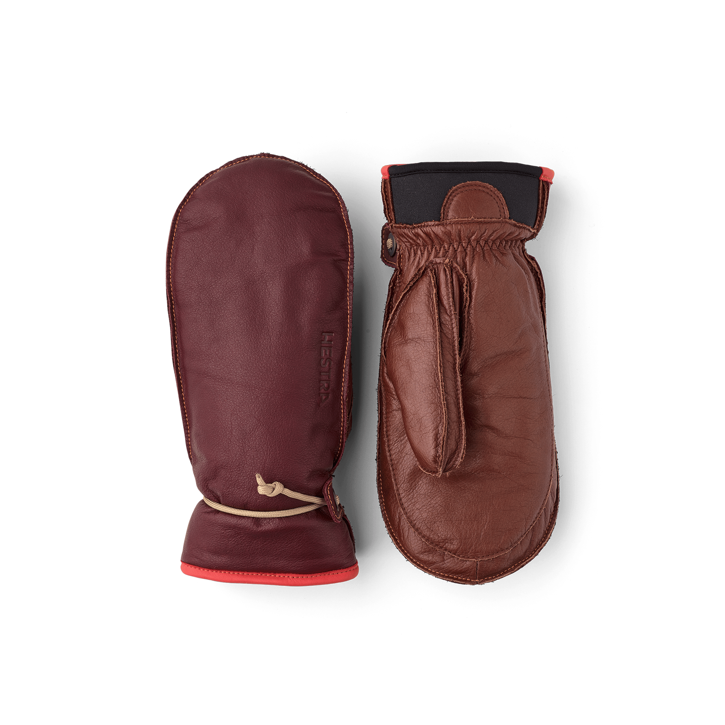 Wine red cow hide mitten with brown palm and wrist adjustment (1 of 6)