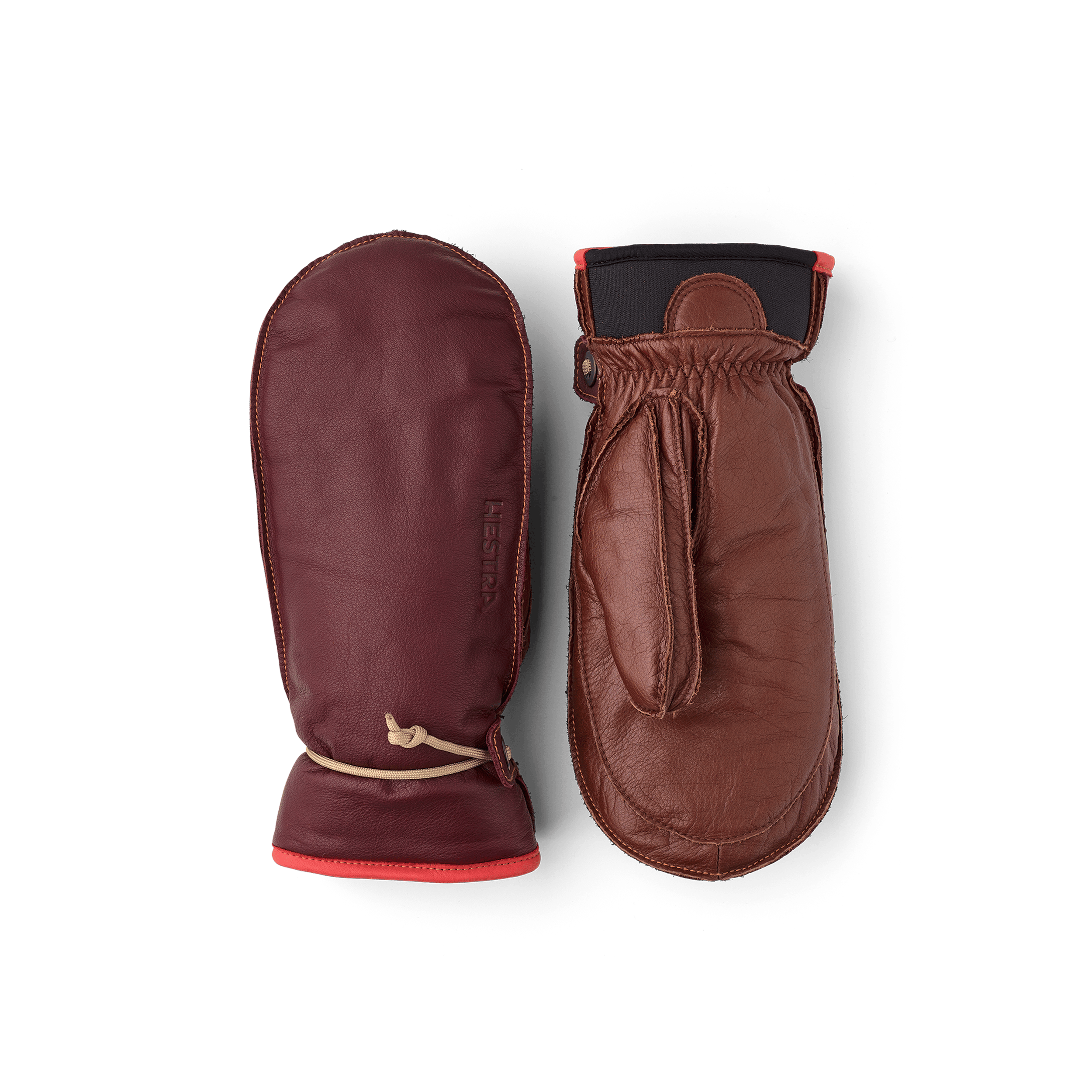 Wine red cow hide mitten with brown palm and wrist adjustment (1 of 6)