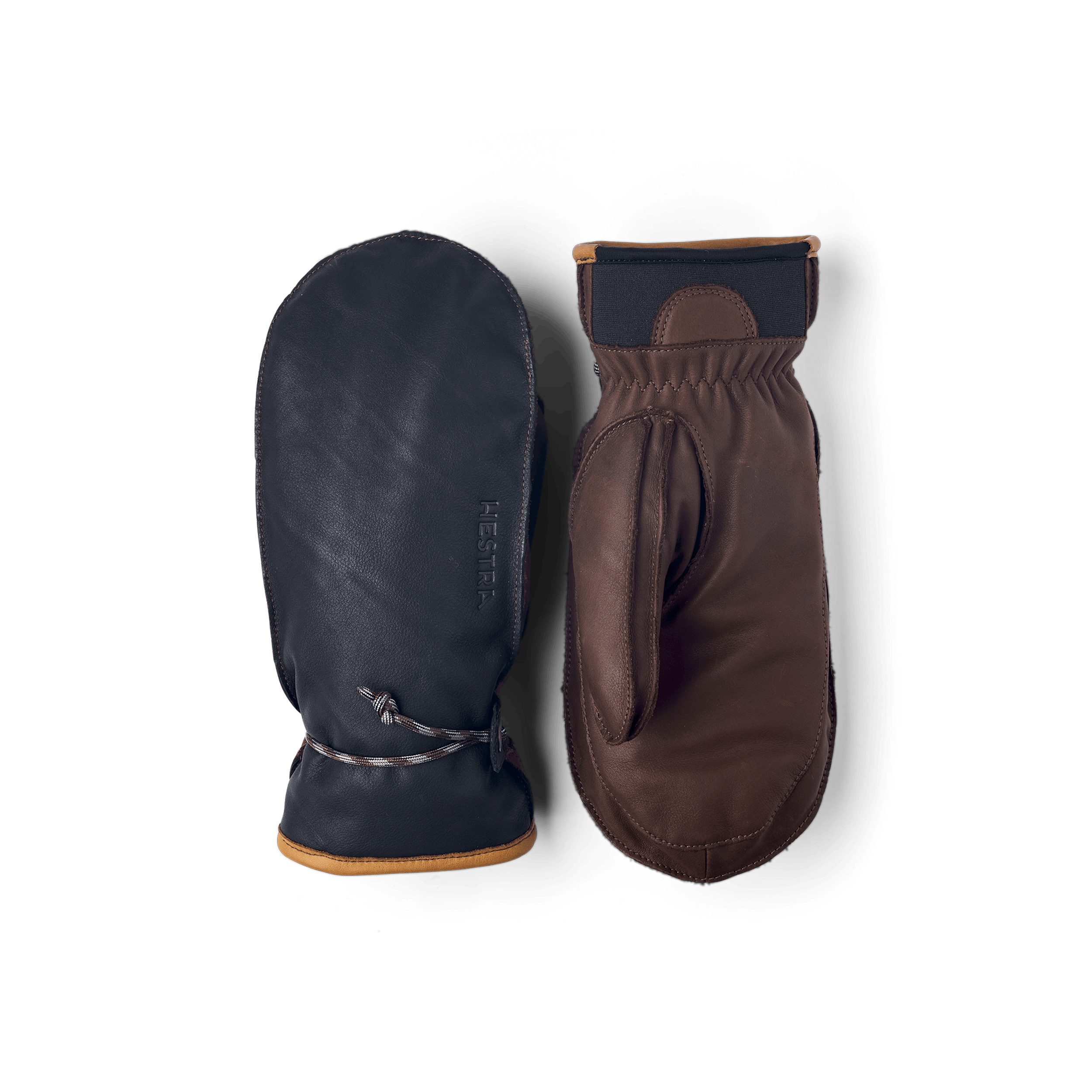 Dunkelblauer Fausthandschuh aus Rindsleder mit dunkelbrauner Innenhand und verstellbarem Handgelenkverschluss (1 oder 6)