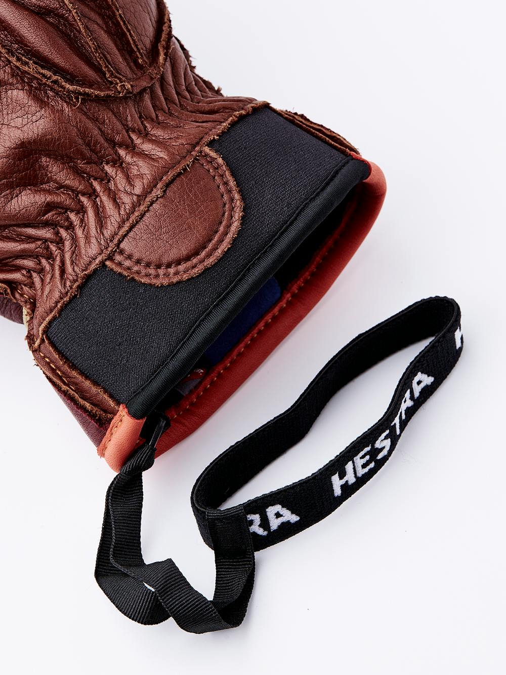 Wine red cow hide mitten with brown palm and wrist adjustment (5 of 6)