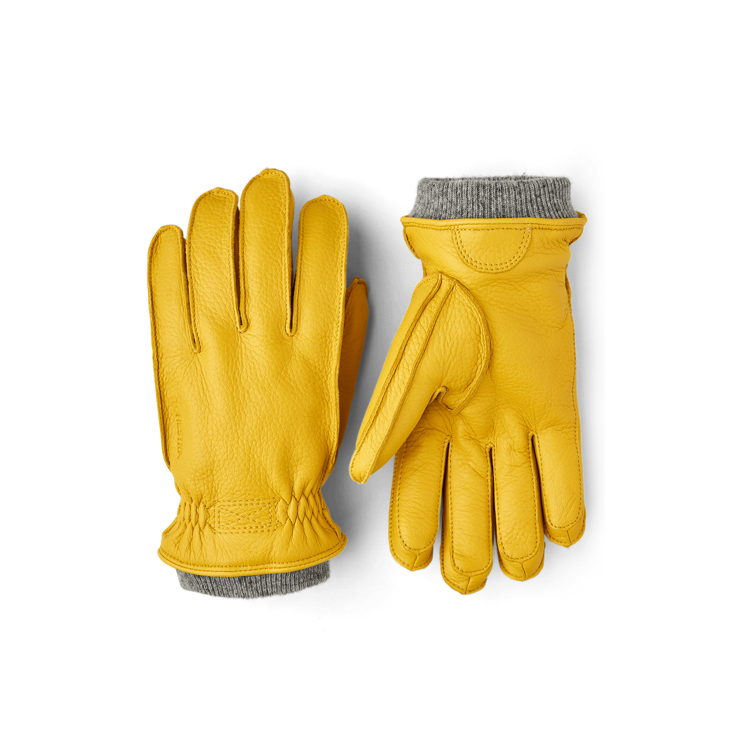 Yellow machine-sewn deerskin glove with gray knitted cuff
 (1 of 3)