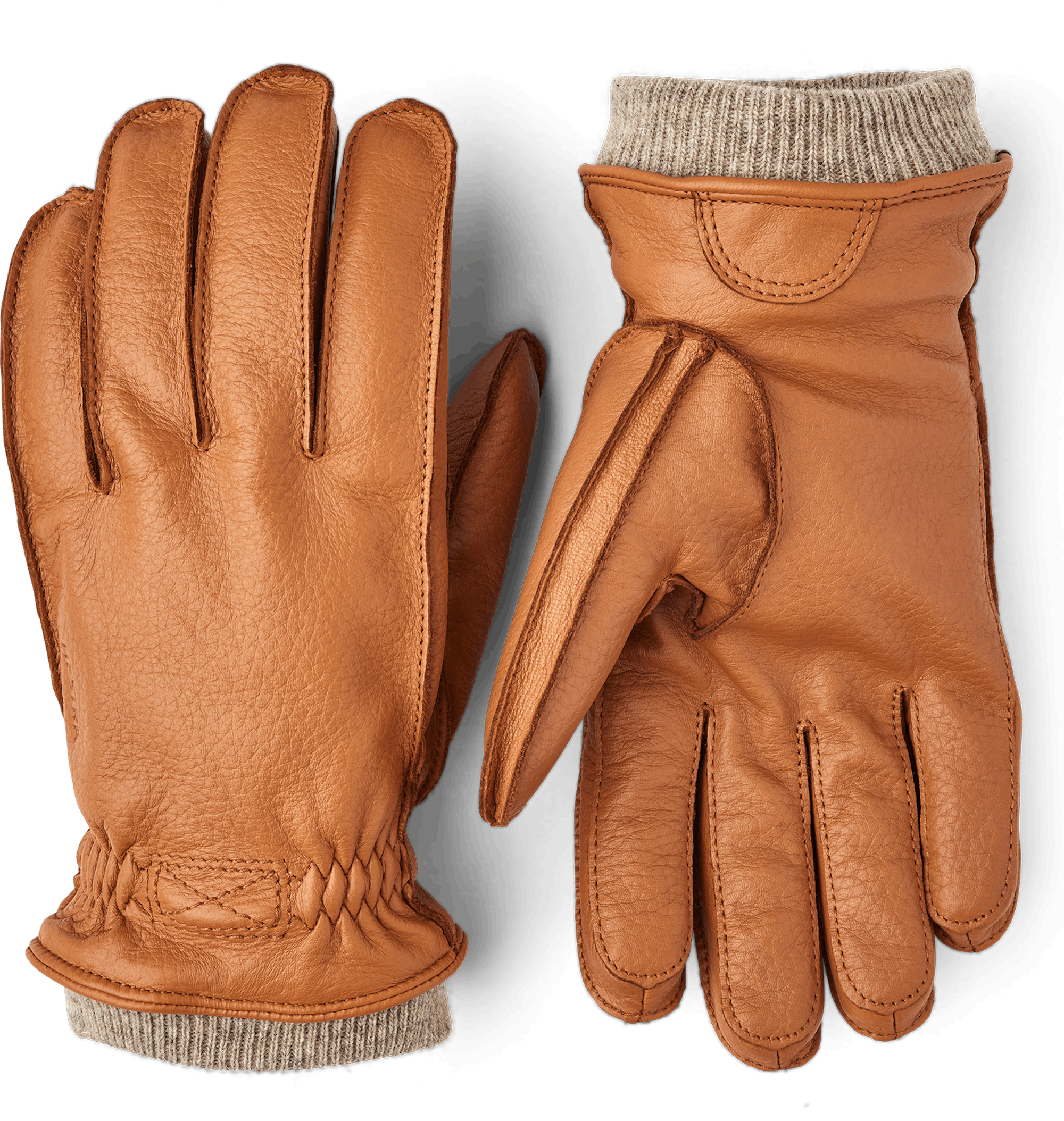 Ljusbrun maskinsydd handske i hjortskinn med beige stickad mudd
(1 av 3)