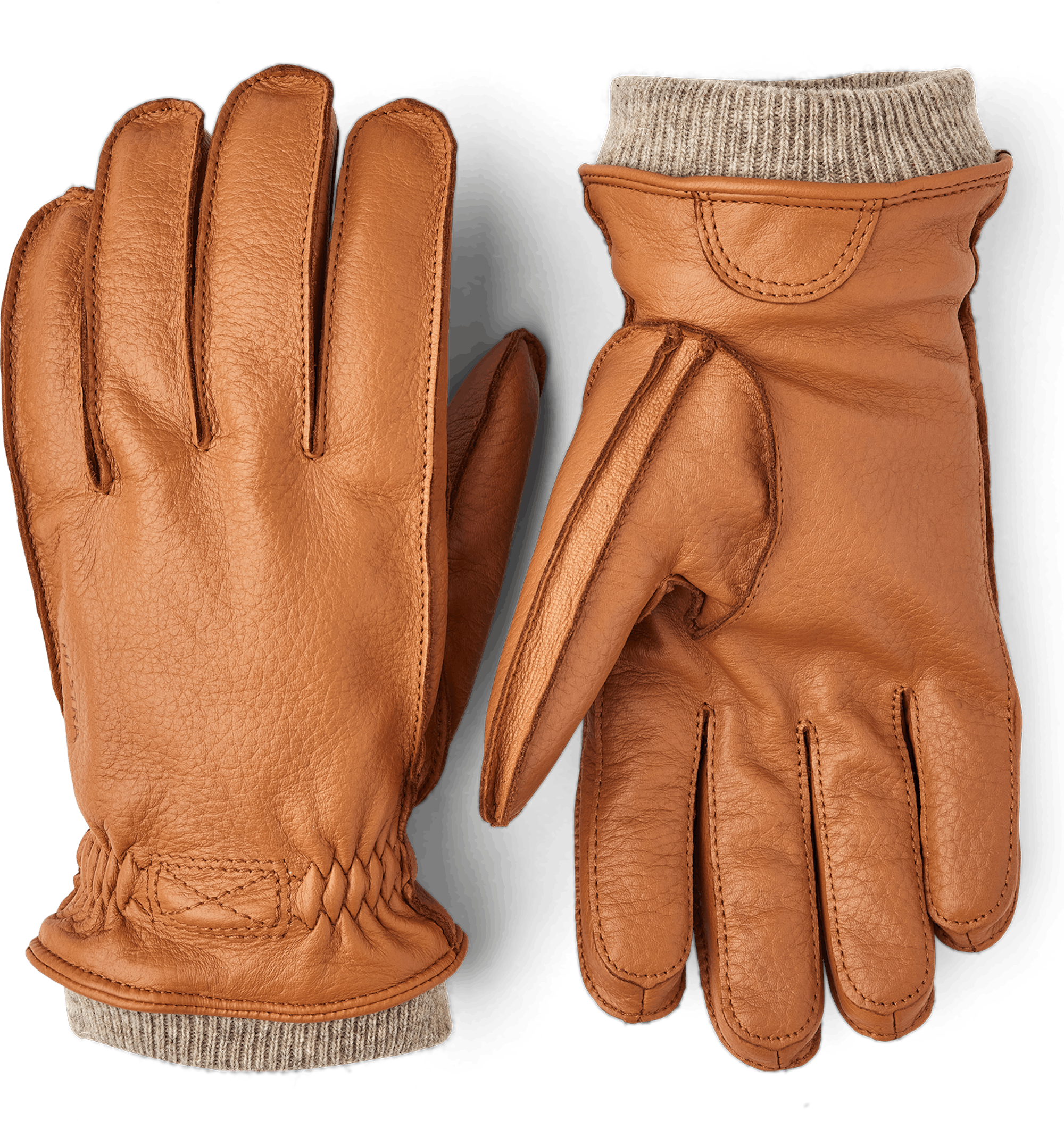 Ljusbrun maskinsydd handske i hjortskinn med beige stickad mudd
 (1 av 3)