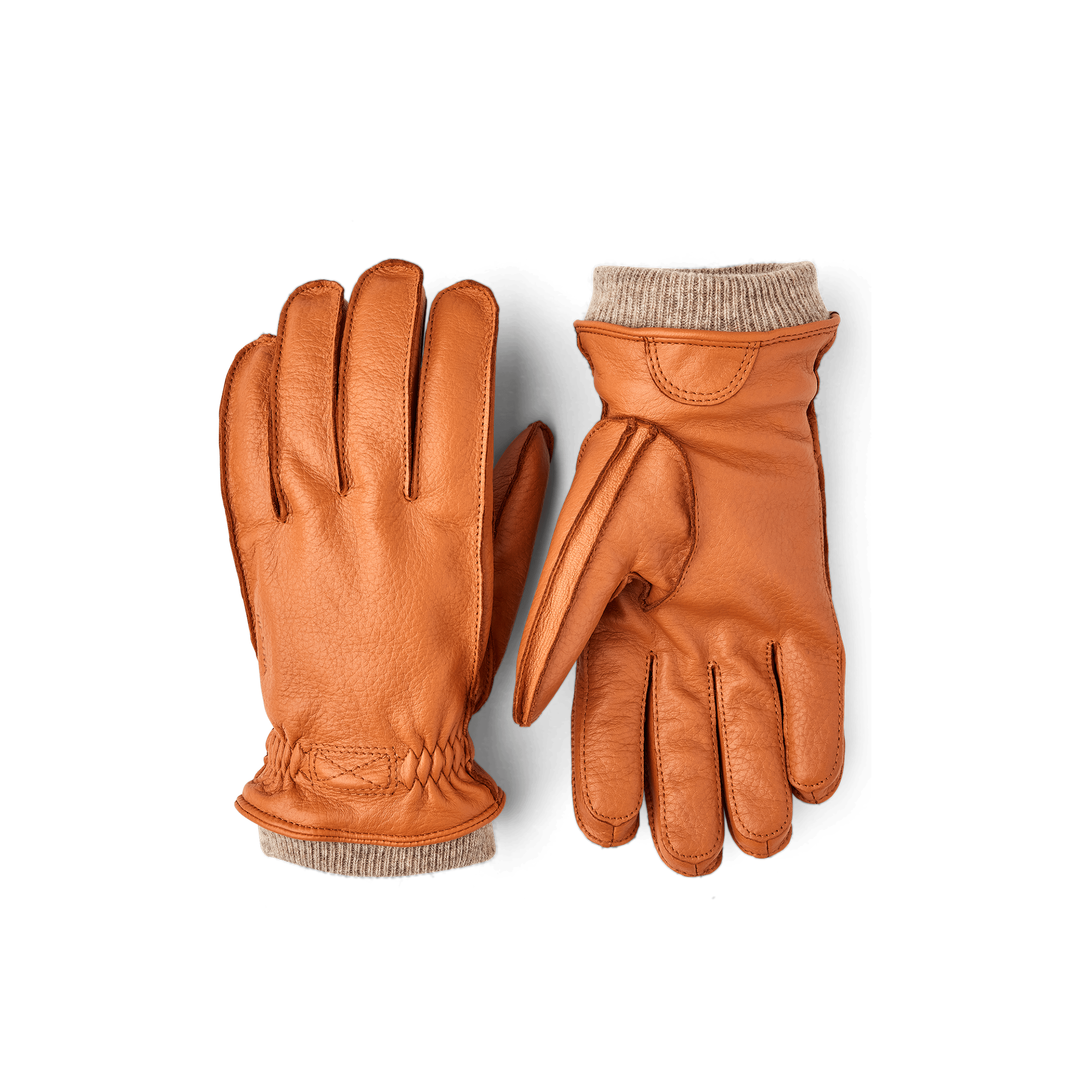 Light brown machine-sewn deerskin glove with beige knitted cuff
 (1 of 3)