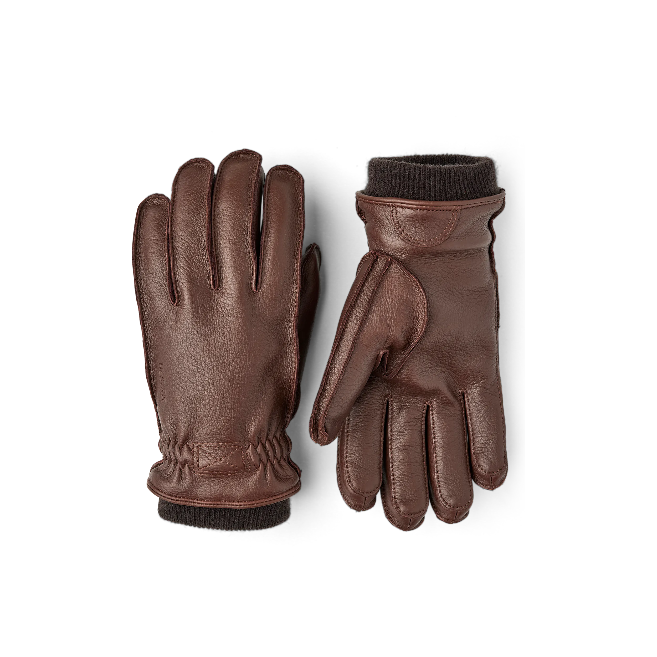Brown machine-sewn deerskin glove with knitted cuff
(1 of 3)