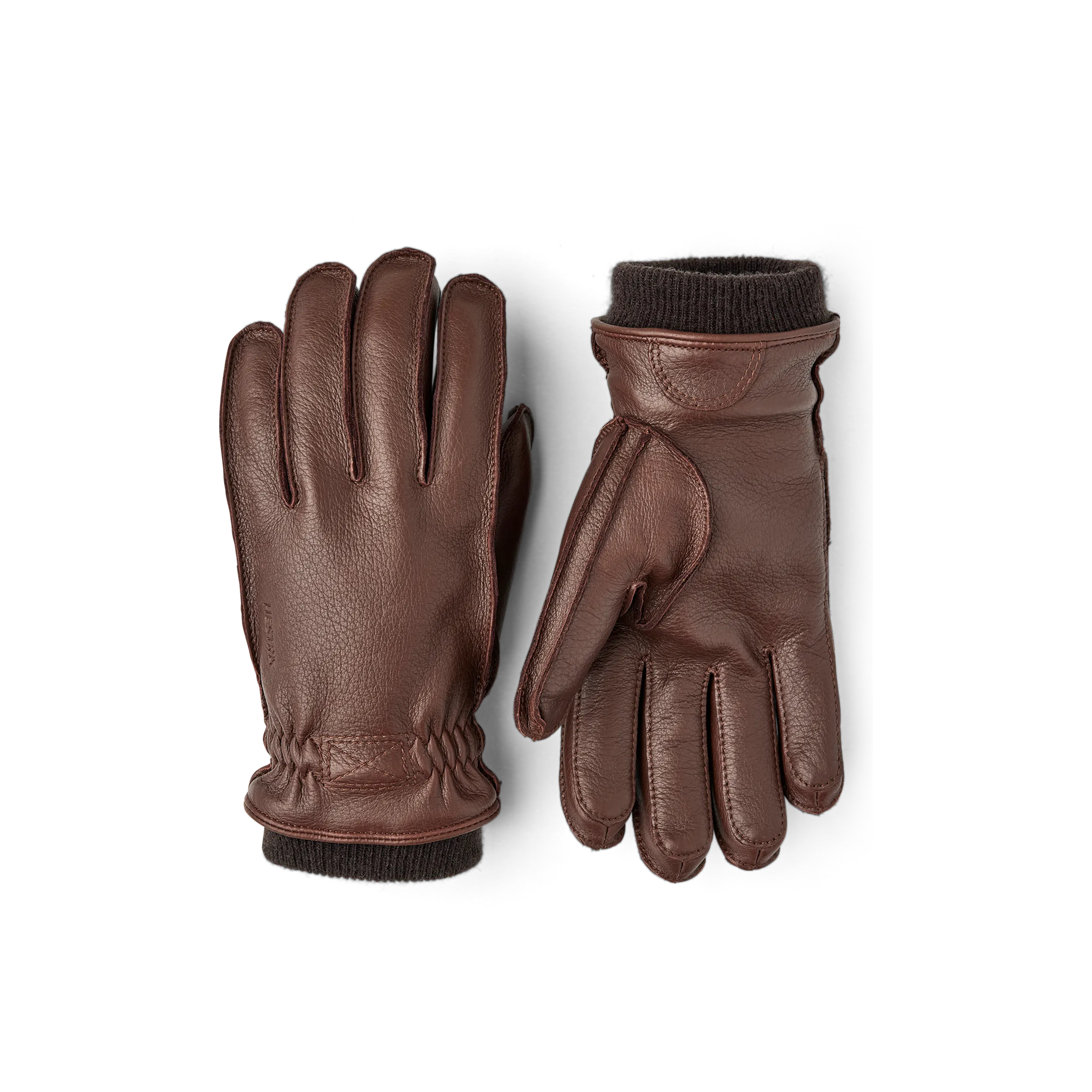 Brown machine-sewn deerskin glove with knitted cuff
 (1 of 3)