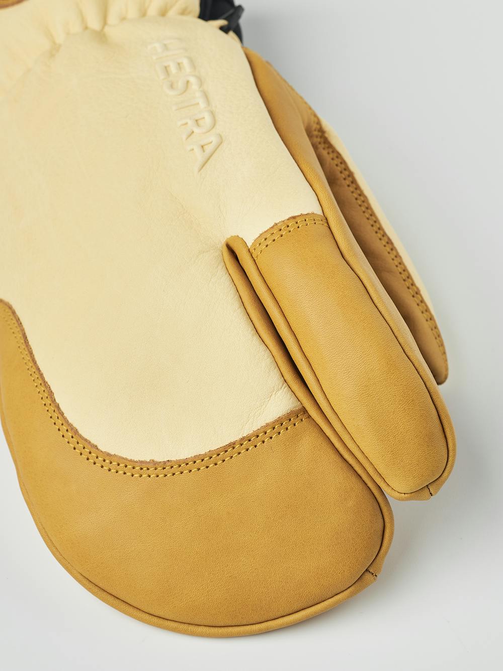 Yellow beige cow hide three finger glove with dark yellow leather palm (5 of 6)