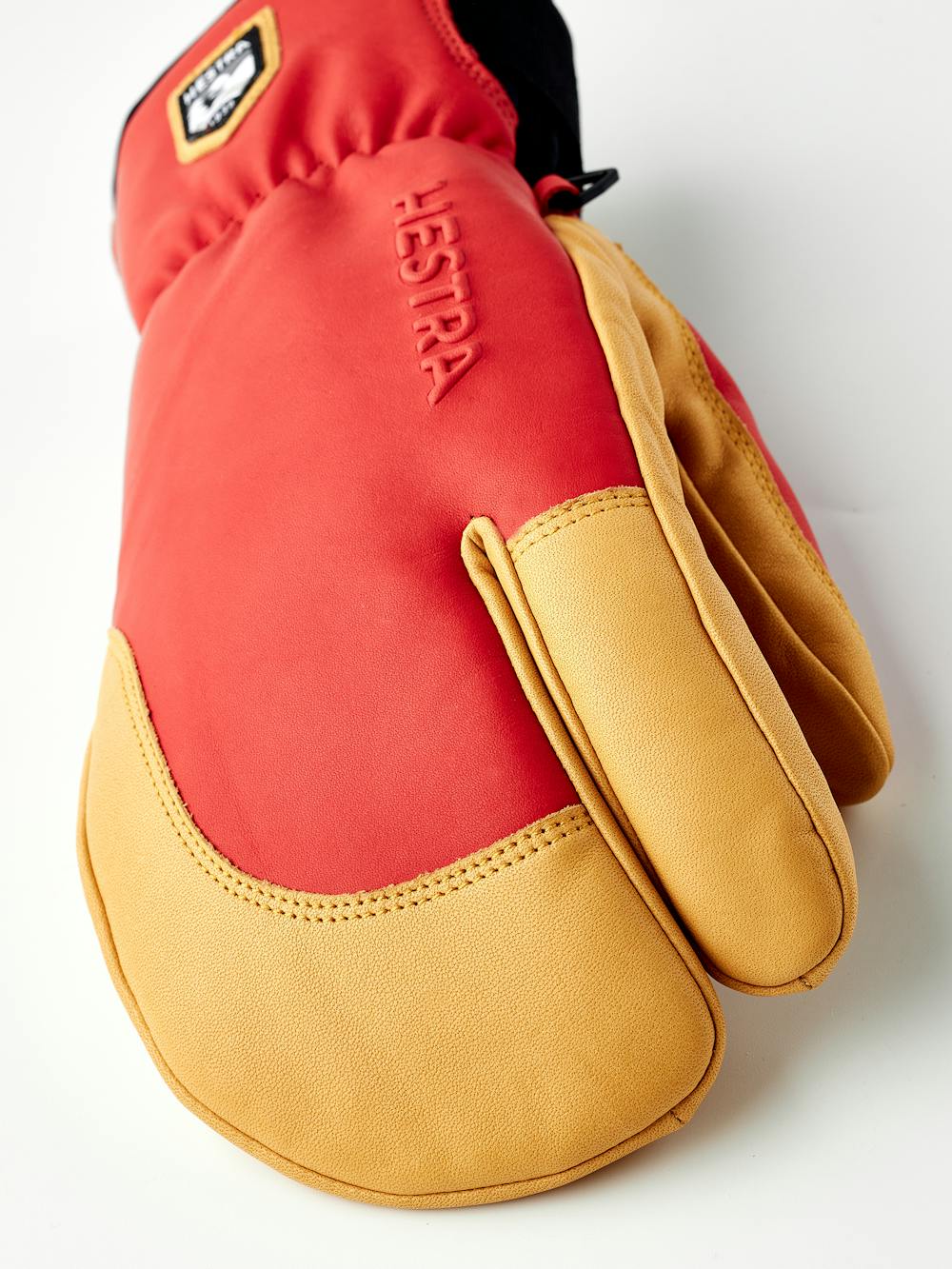 Red cow hide three finger glove with dark yellow leather palm  (4 of 8)