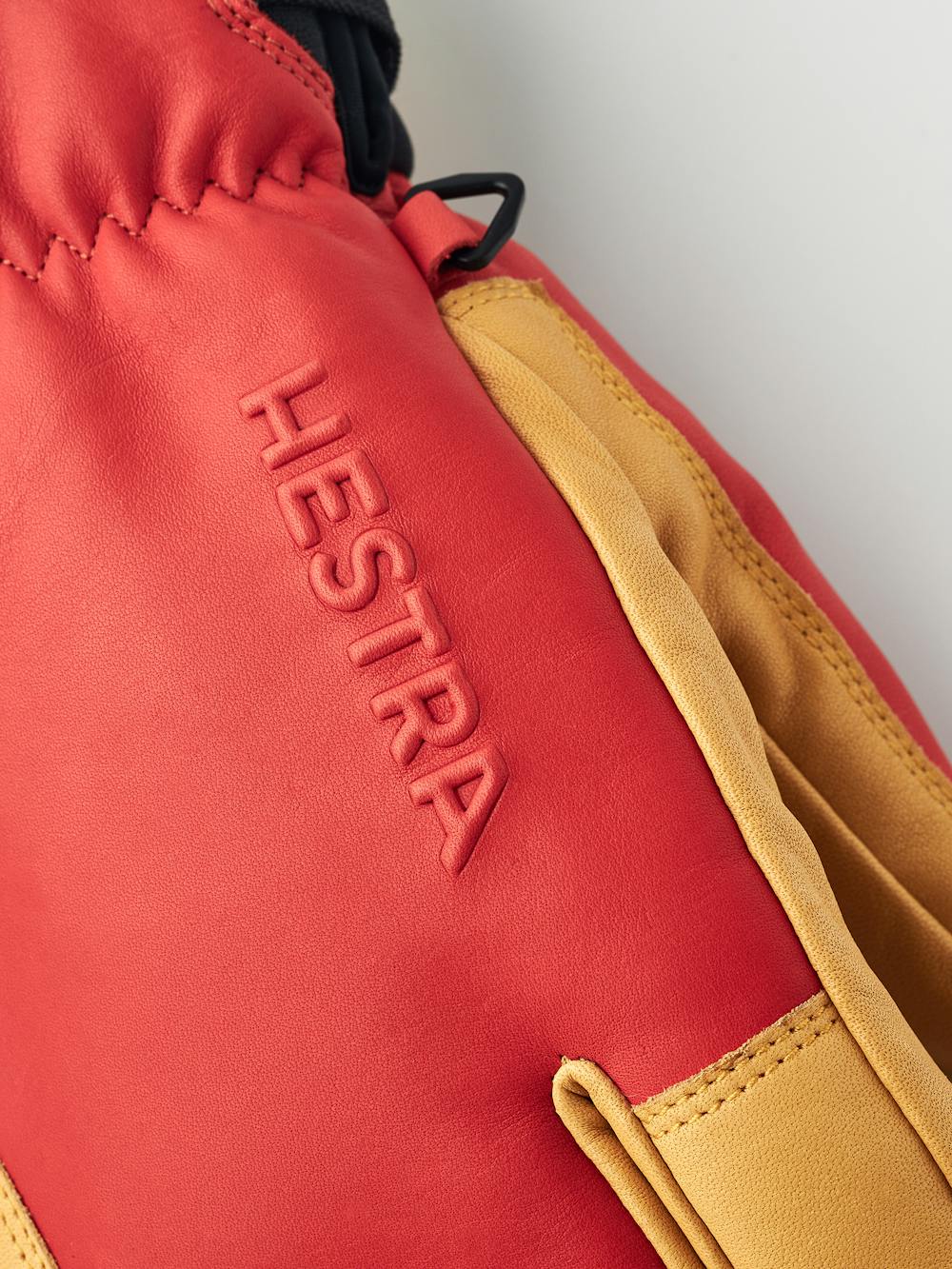 Red cow hide three finger glove with dark yellow leather palm  (5 of 8)