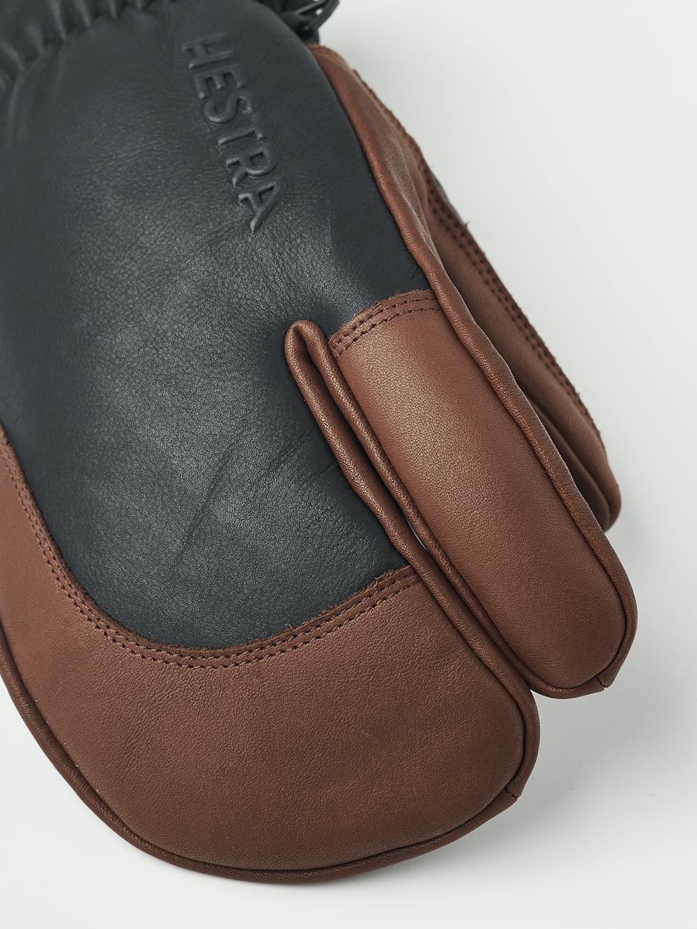 Dark blue cow hide three finger glove with brown leather palm (5 of 6)