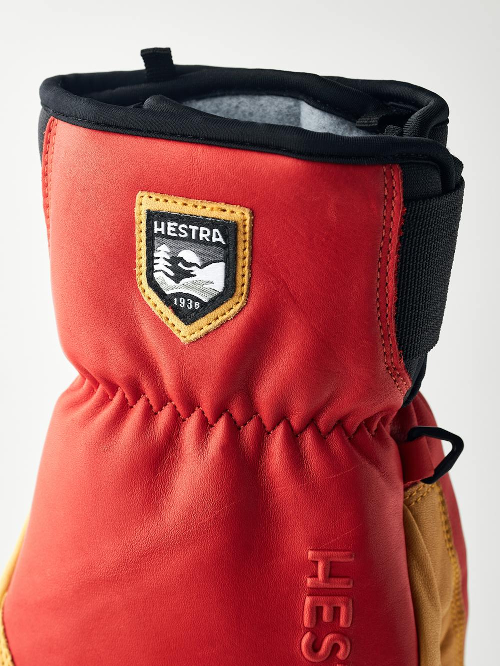 Red cow hide three finger glove with dark yellow leather palm  (6 of 8)