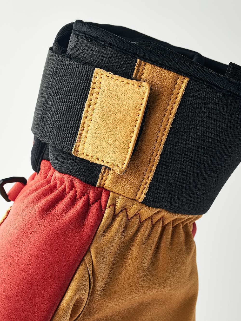 Red cow hide three finger glove with dark yellow leather palm  (7 of 8)