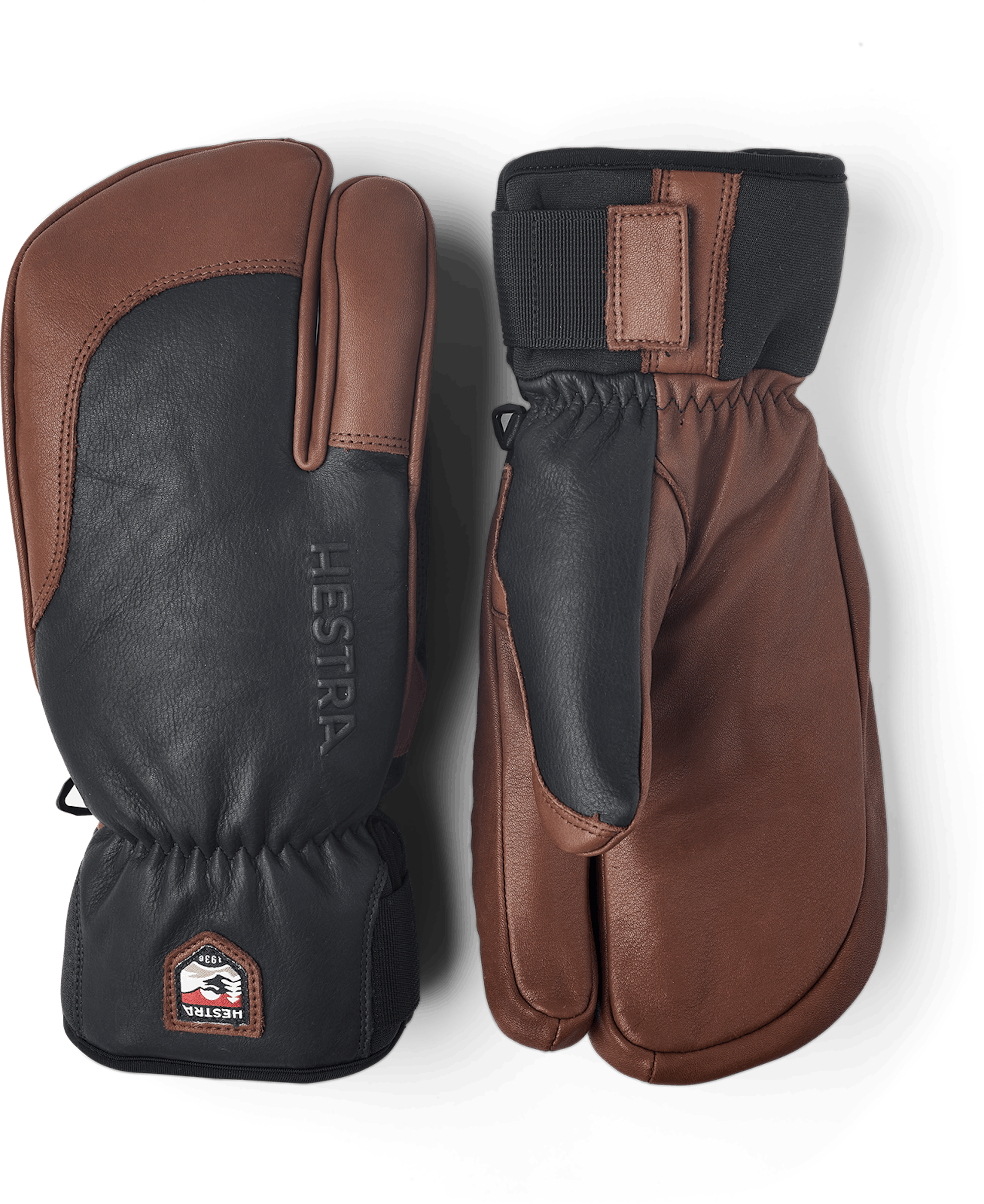 Dark blue cow hide three finger glove with brown leather palm (1 of 6)