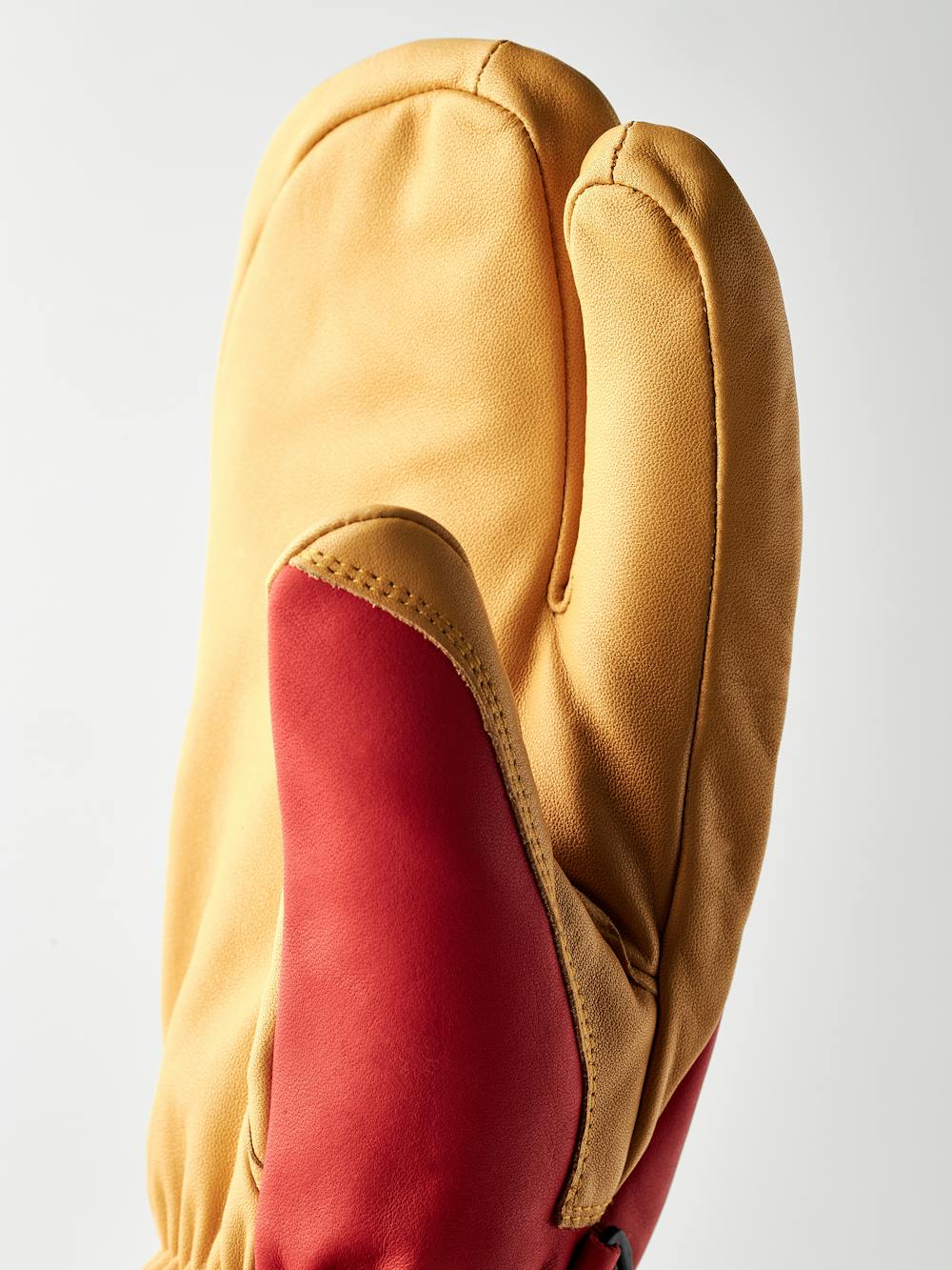 Red cow hide three finger glove with dark yellow leather palm  (3 of 8)