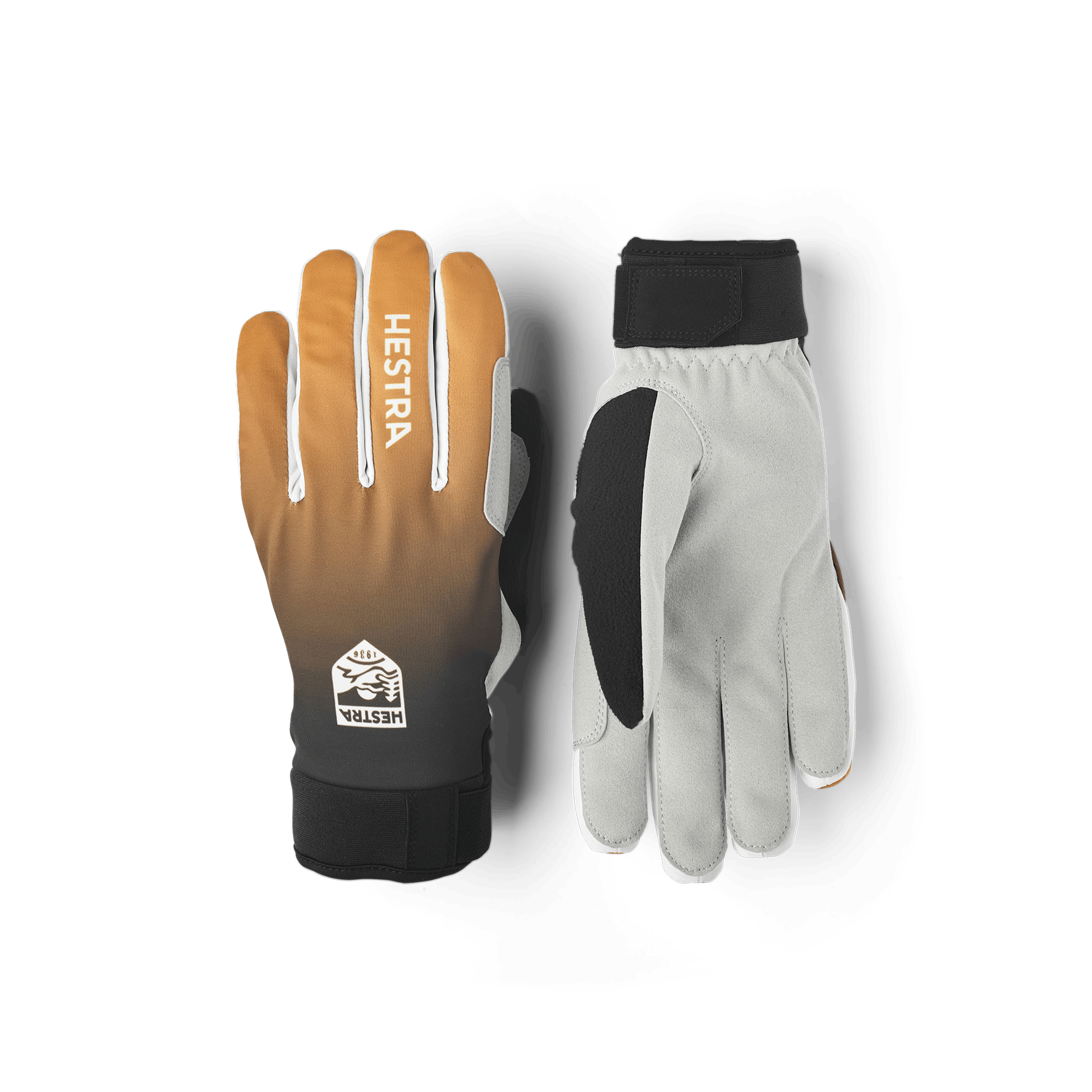 Black and orange fabric cross-country ski glove with gray synthetic suede palm (1 of 10)