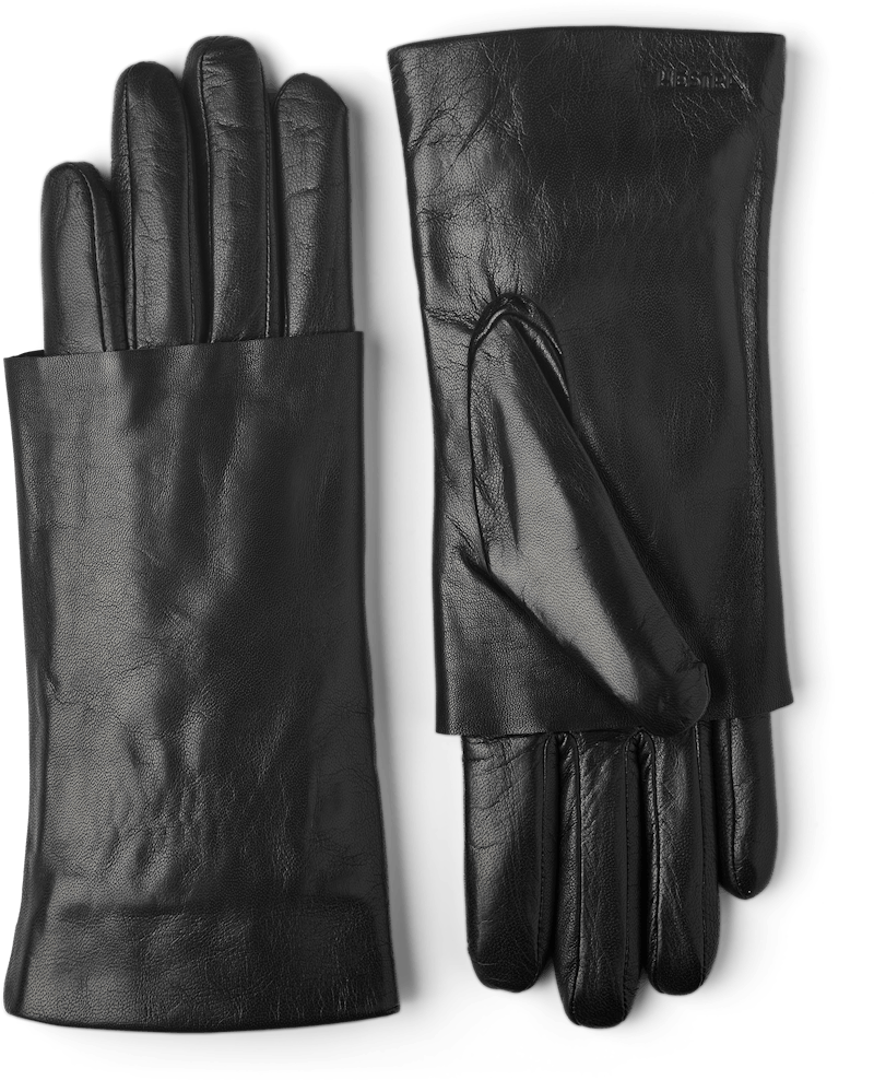Black machine-sewn leather glove with folded ‘cape’
 (1 of 9)