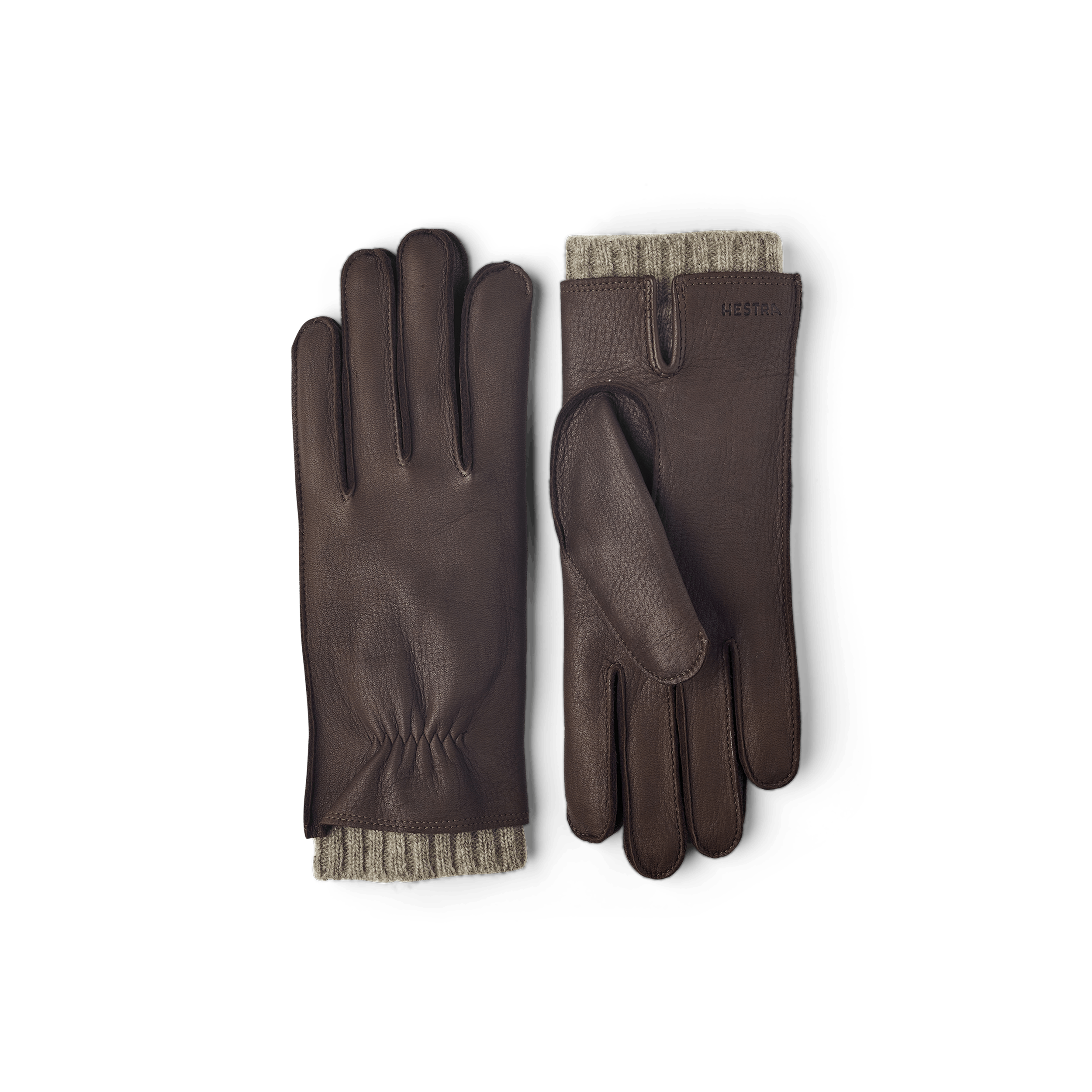 Brauner maschinengenähter Lederhandschuh aus Hirschleder mit beigem verlängertem Wollfutter
 (1 oder 5)