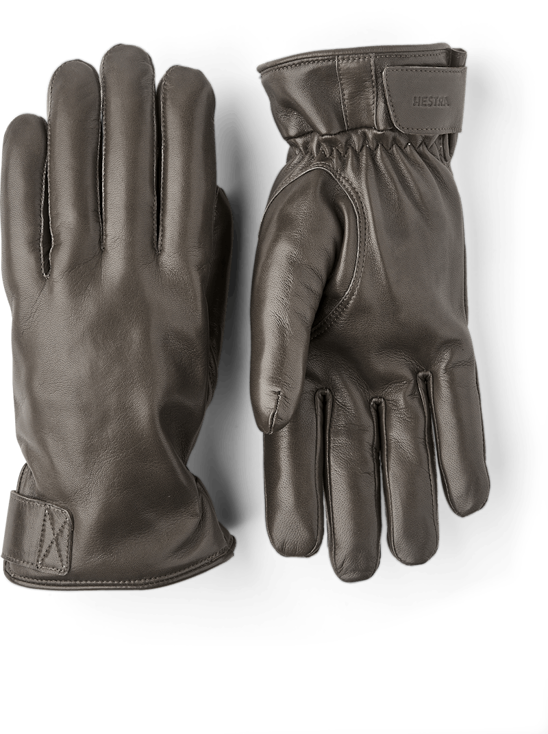 Gray machine-sewn hairsheep leather glove with leather strap
 (1 of 5)
