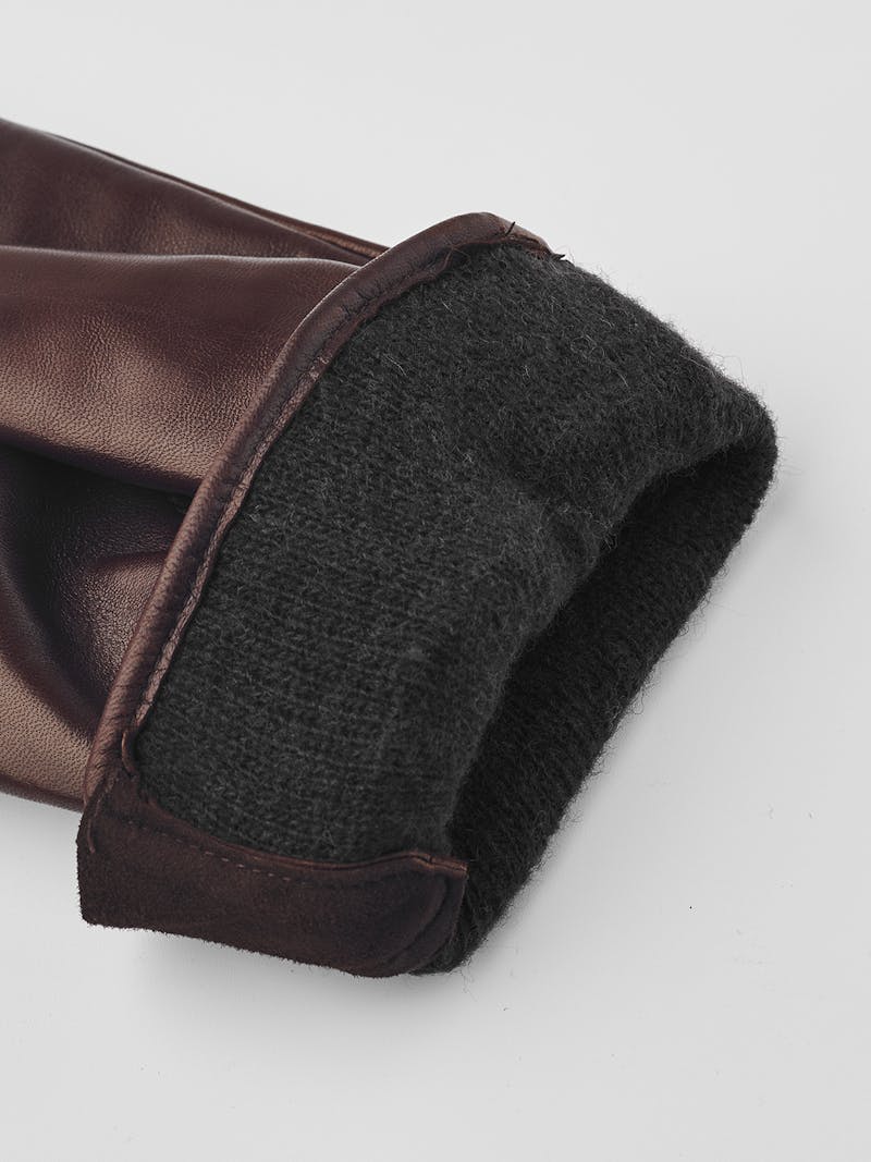 Brown machine-sewn hairsheep leather glove with leather strap
 (3 of 5)